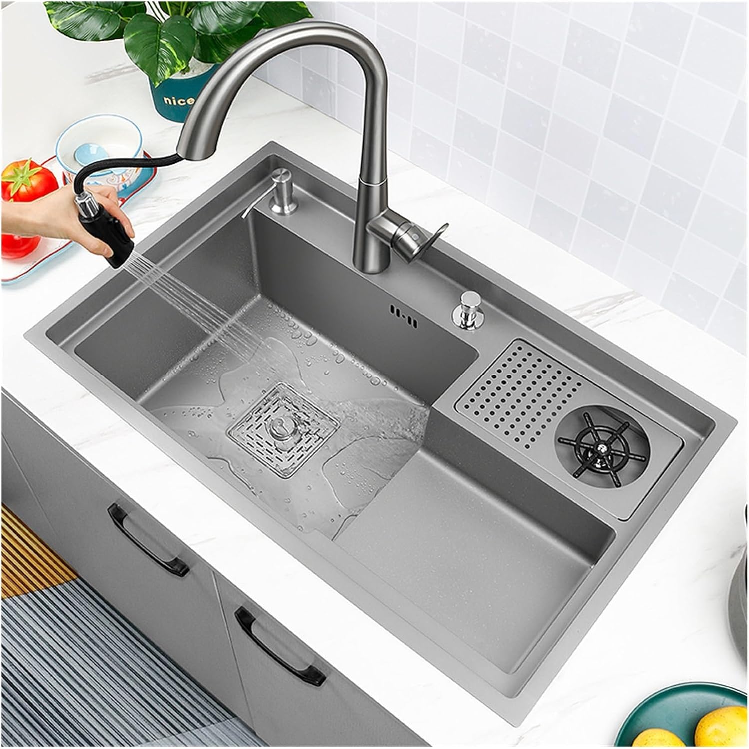 Home Furnishing Drop in Kitchen Sink Workstation Undermount Single Slot 304 Stainless Steel Sink with Drain Basket Accessories(78X48-B2)