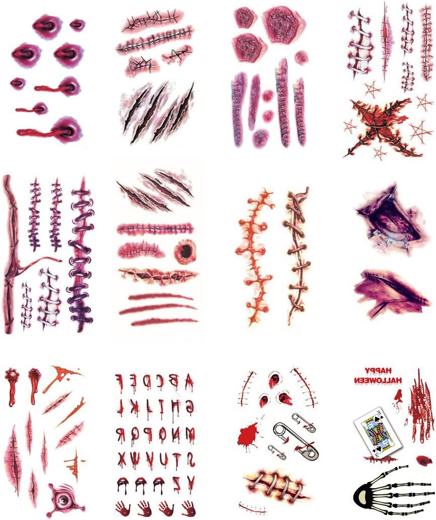 Warmtree Fake Wounds Temporary Tattoo Scar Stickers for Halloween Party Zombies Cosplay, 24 Sheets