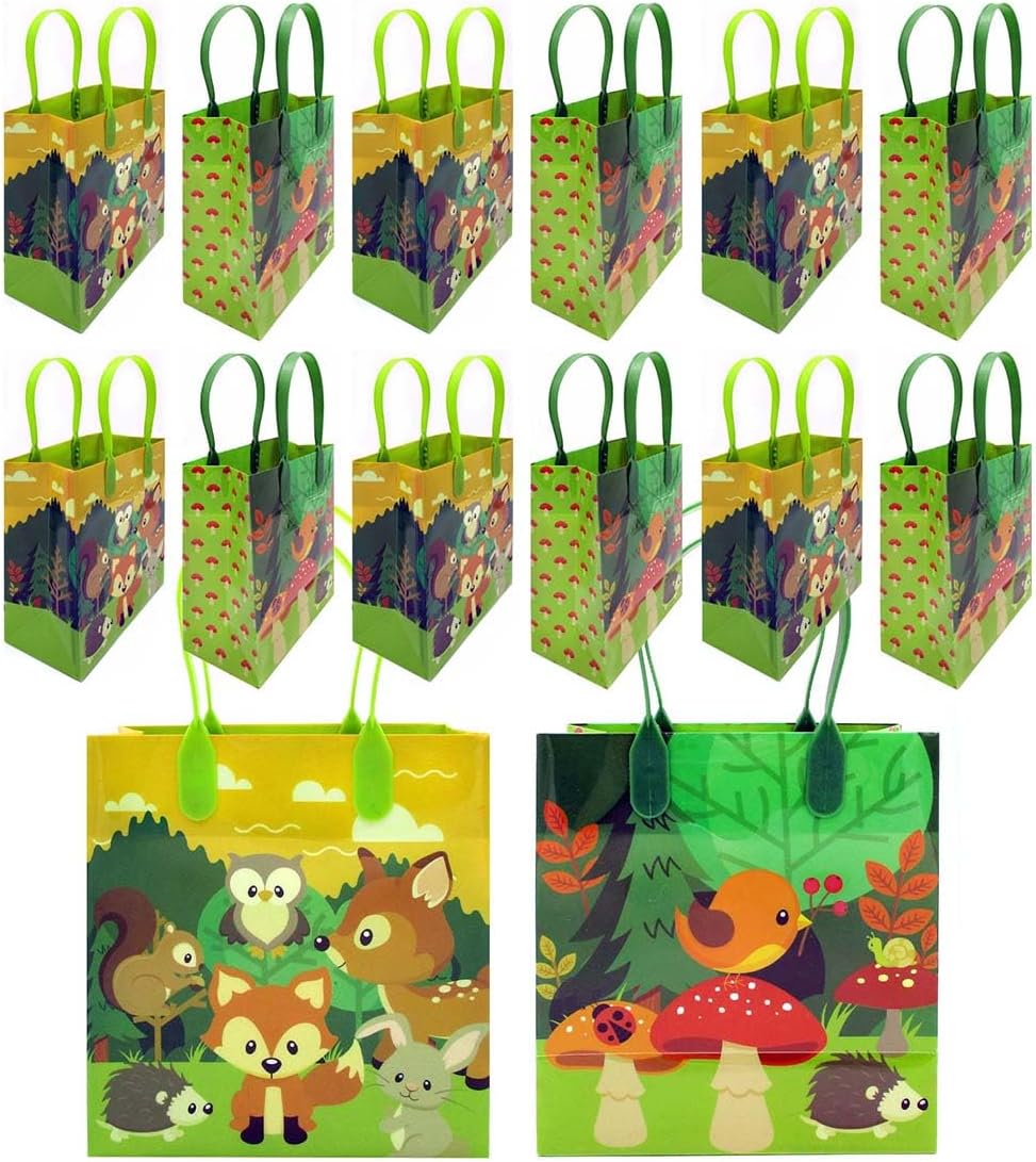 TINYMILLS Woodland Animals Forest Creatures Critters Party Favor Bags Treat Bags with Handles, Candy Bags for Birthday Party Bags Party Supplies,12 Pack