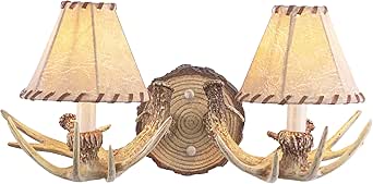 Lodge 2 Light Rustic Wood Antler Armed Wall Sconce Faux Leather Shade Noachian Stone