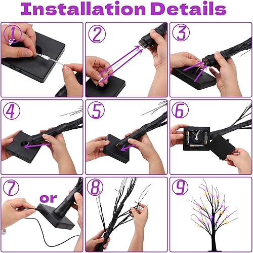 Miniatura 5 de Paquete de 2 árboles espeluznantes negros de Halloween de 24 pulgadas con luces naranjas y moradas, USB y árbol negro de mesa con pilas, con