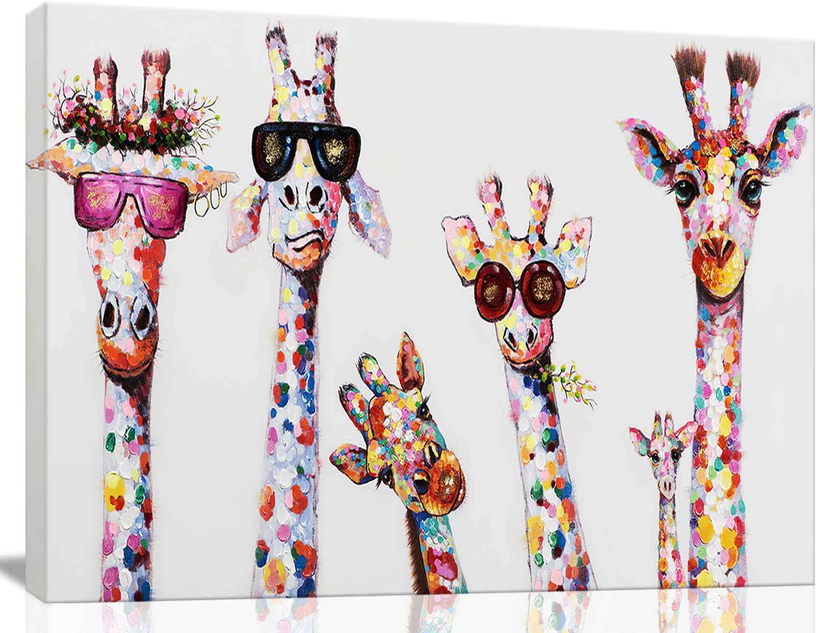 Tribute to art Funny Animals Canvas Wall Decor Lovely Giraffes Family Cartoons Painting Prints Picture Framed Stretched Wall Decoration Bedroom Kids Nursery Room Gift (Cute giraffe, 24inchx16inch)