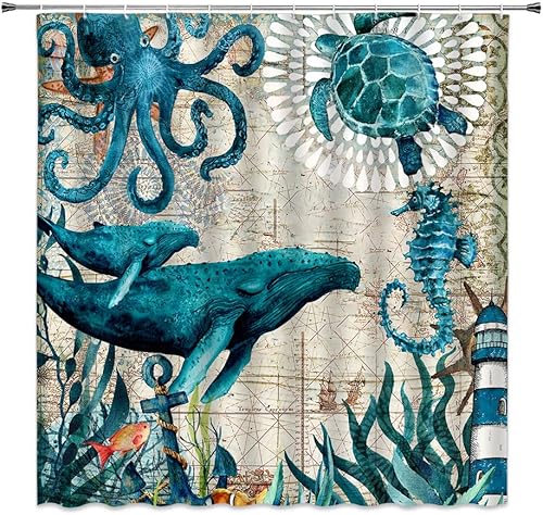 Miniatura 2 de MUENKKCS Cortina de ducha náutica de océano tortuga marina pulpo ballena caballito de mar animales de mar ancla del mundo faro mapa náutico juego de