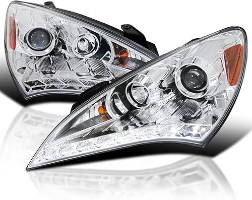 Spec-D Tuning Faros delanteros de proyector cromados de estilo LED, faros delanteros transparentes compatibles con Hyundai Genesis 2010-2012 de 2