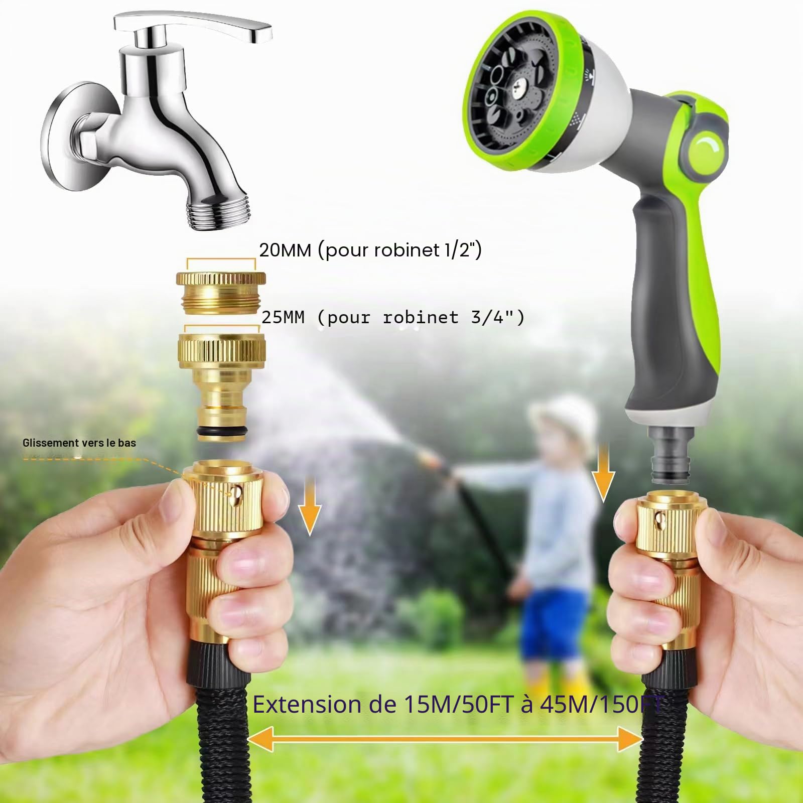 Tuyau d'arrosage extensible et rétractable qui ne s'entortille pas pour le lavage des animaux domestiques et de la voiture, le nettoyage, l'arrosage de la pelouse et du jardin (atteint 45 m après