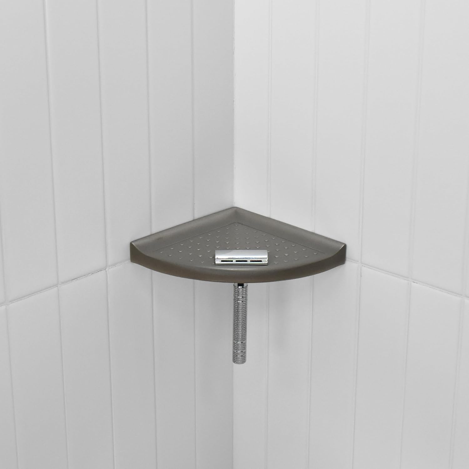 Questech 5" Corner Shower Footrest, Lugged for New Construction, Shaving Shelf for Inside Shower, Bathroom Storage Corner Caddy, Metro Lugged, Brushed Nickel Finish