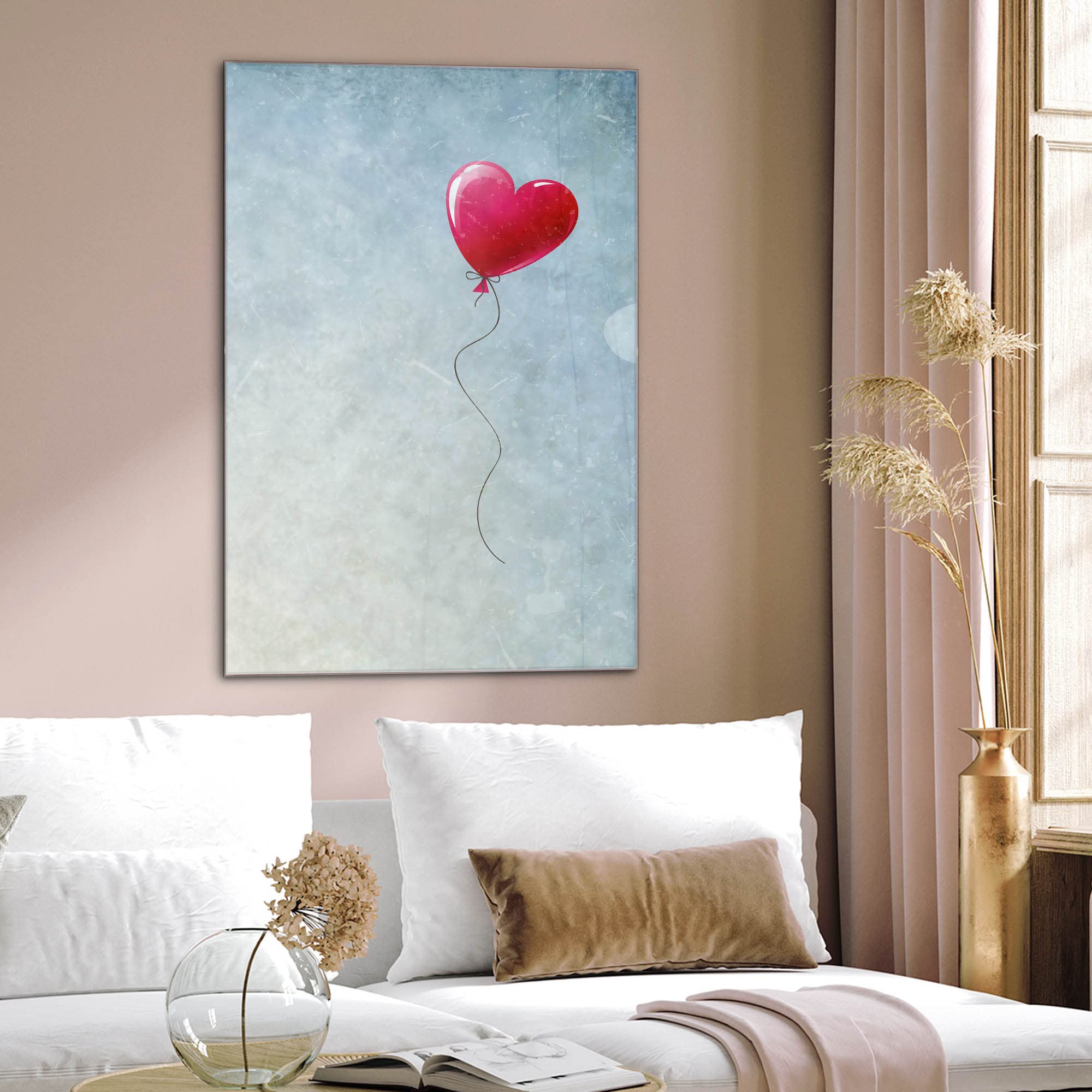 banjado Magnettafel Glas 40x60 mit Herzmotiv, beschreibbar | Persönliches Glasboard für Botschaften und Fotos, mit Motiv Herzballon voller Herzen