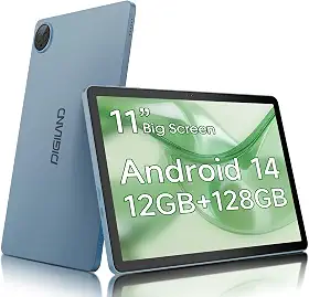 Digliand Tablet Android de 11 polegadas, 12 GB de RAM, 128 GB de ROM, 8 núcleos, tablet HD de 8 horas de 7000 mAh, tela dividida e espelhamento de tela, câmera dupla, Android 14 (azul)