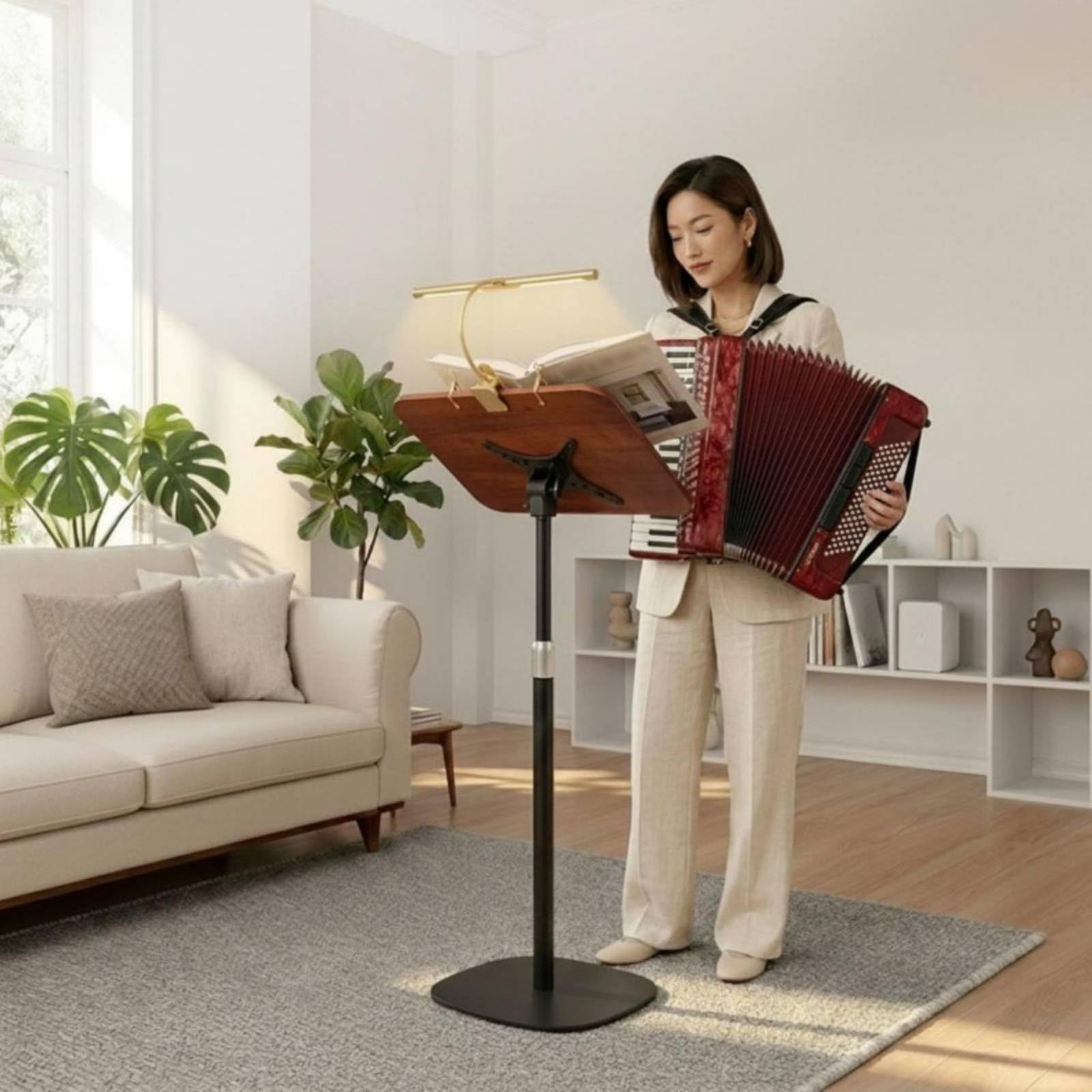 kowaku Atril de Lectura Ajustable Soporte de Libros Atril de Pie Portapartituras Estante de Lectura Combinación Madera y Acero, Soporte De Suelo Elevado, Ajustable De 50 Cm A 1.3 M