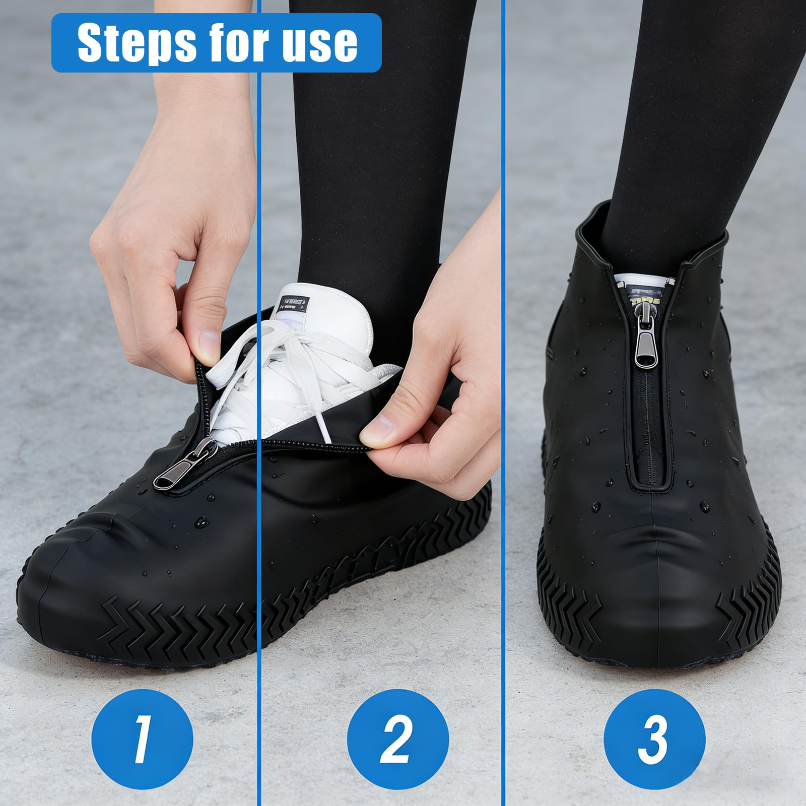 Ahigh Schuhüberzieher Wasserdichte, 2 Paar mit Reißverschluss, Rutschfeste Silikon-Überschuhe für Damen und Herren, Faltbar Tragbar für Outdoor, Alltag, Arbeit