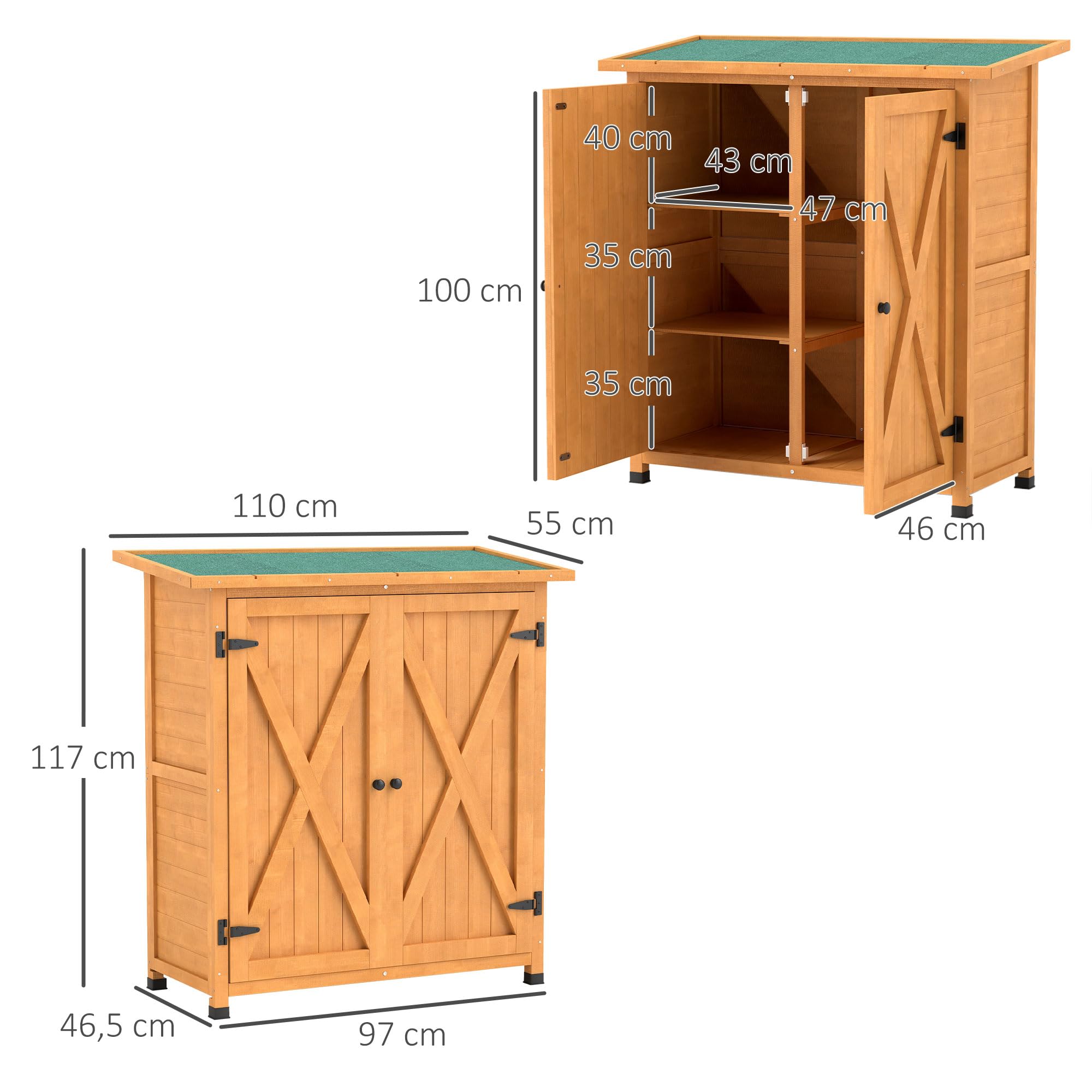 Outsunny Gartenschrank, Geräteschuppen aus Holz, Wetterfest Geräteschrank mit 2 Türen, Werkzeughaus mit Asphaltdach, Werkzeugschrank für Garten, Terrasse, 110 x 55 x 117 cm, Gelb