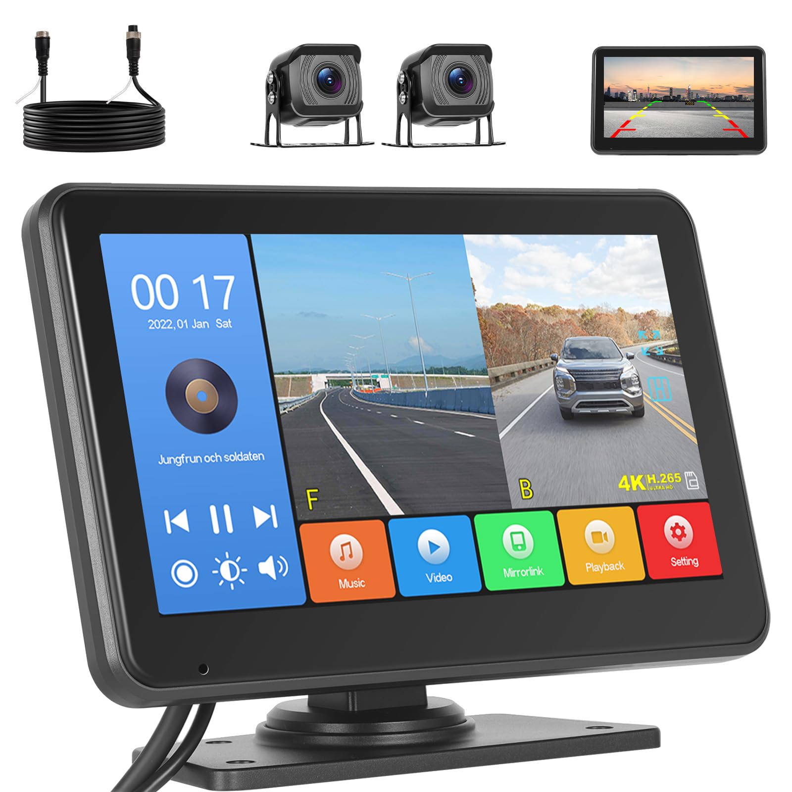 Inefala Telecamera Retromarcia (Doppia) con Monitor HD IPS da 7'', Targa Retrocamera per Auto Visione Notturna IP69 Impermeabile Telecamera Posteriore per Auto Camion SUV Furgoni 9-32V