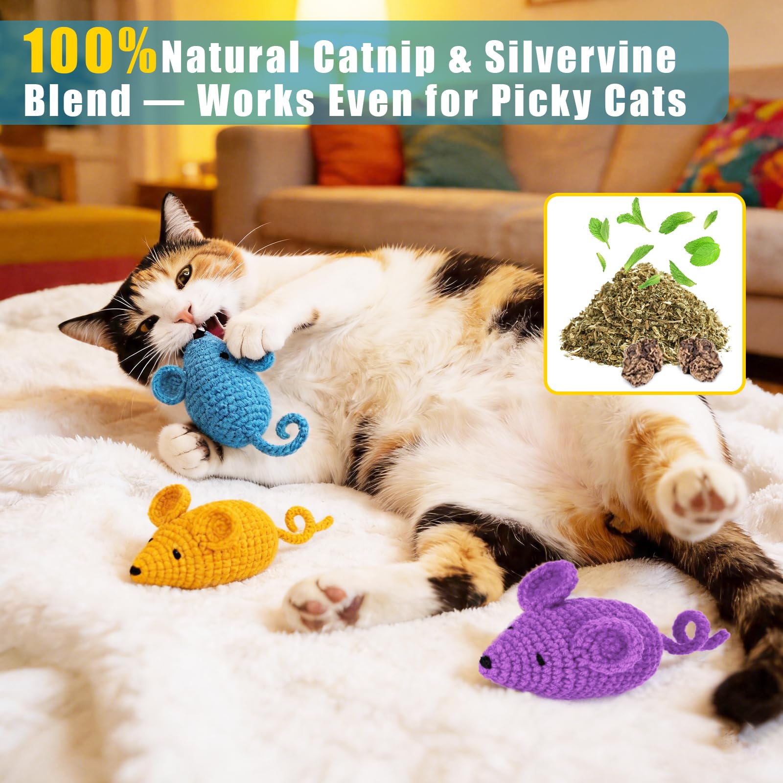 Retro Shaw Juguetes de hierba gatera, ratones de ganchillo, juguetes para gatos, 3 piezas de hilo para gatos, juguetes de animales, juguete seguro de limpieza de dientes para gatitos de interior