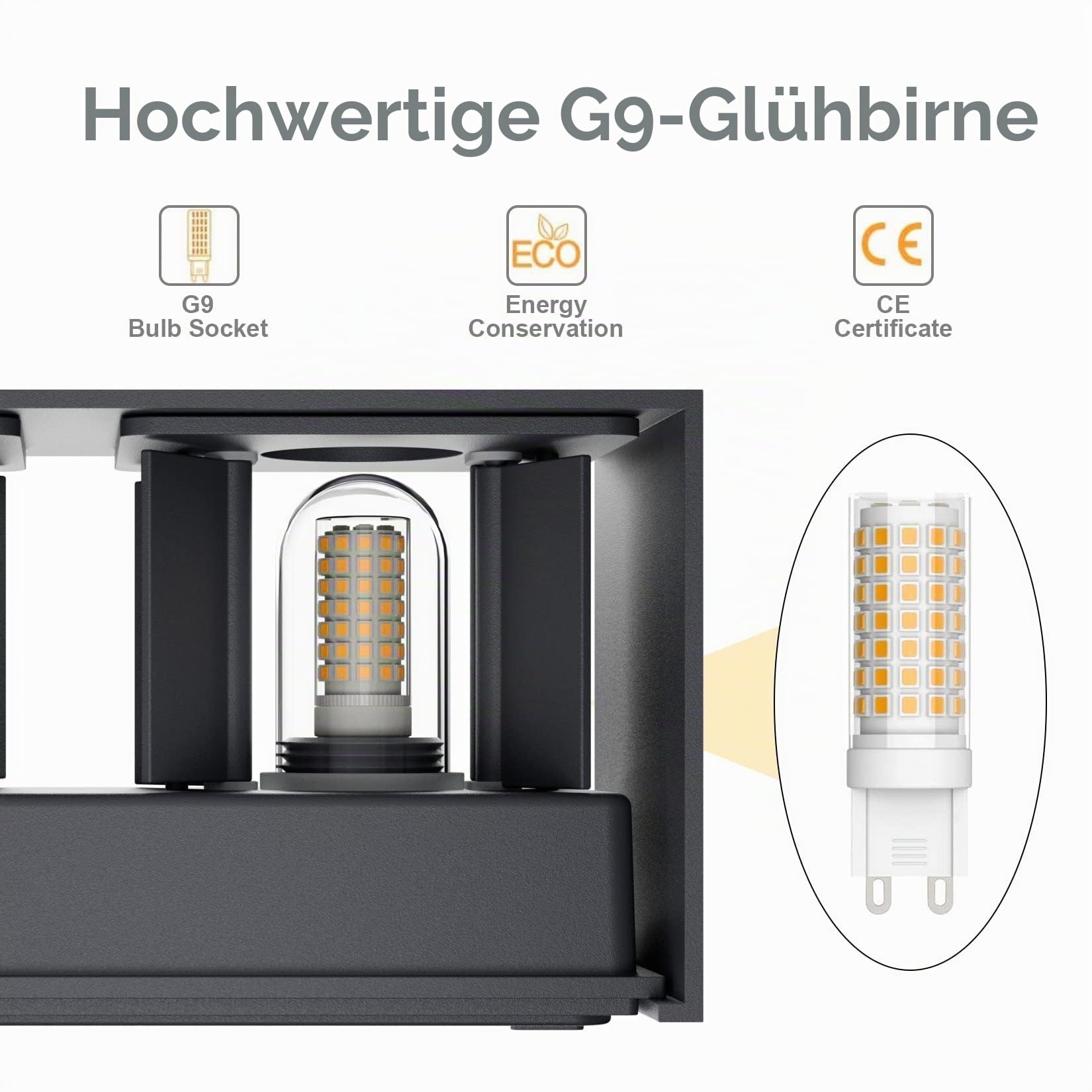 Klighten Aussenlampe mit Austauschbarer G9 LED Lampe Warmweiß 3000K, 18W LED Wandleuchte Innen/Aussen Einstellbar Abstrahlwinkel Außenwandleuchten für Wohnzimmer Garten, IP54, Anthrazit