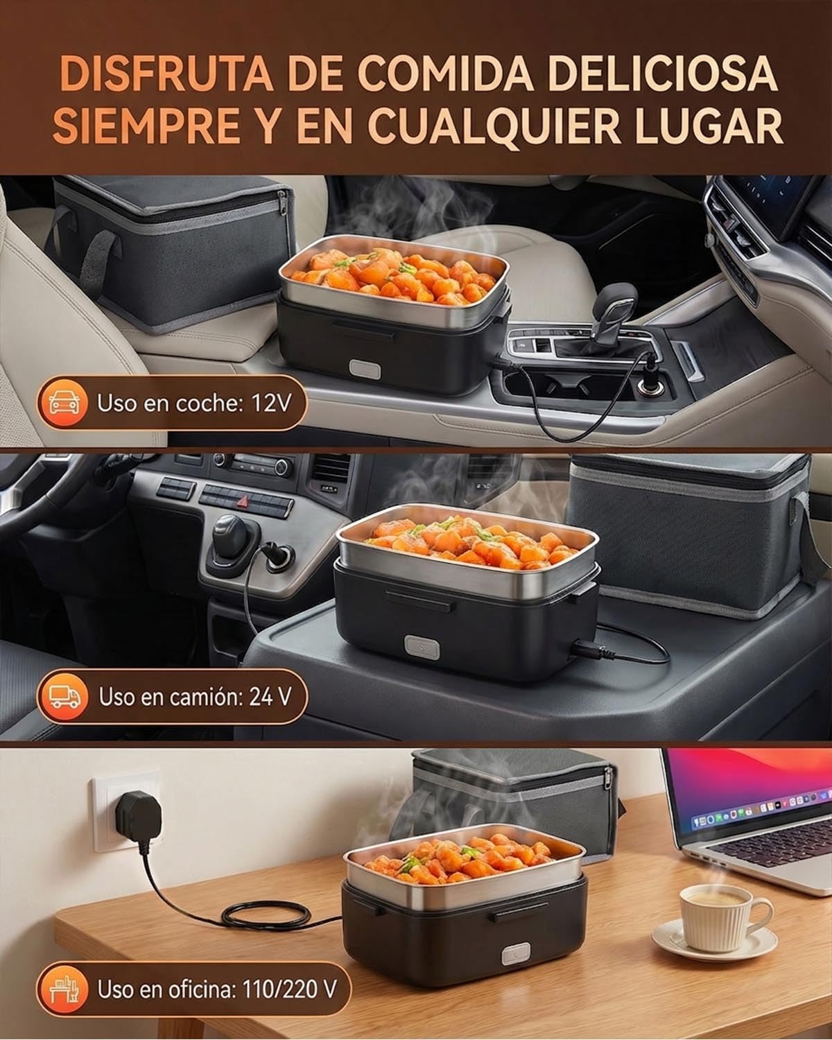 Fiambrera Eléctrica de 2 Litros, Compatible con 12V/24V/220V, Bandeja Extraíble de Acero Inoxidable, Incluye Recipiente para Frutas, Cubiertos y Esponja – Ideal para Coche, Camión, Oficina y Viajes