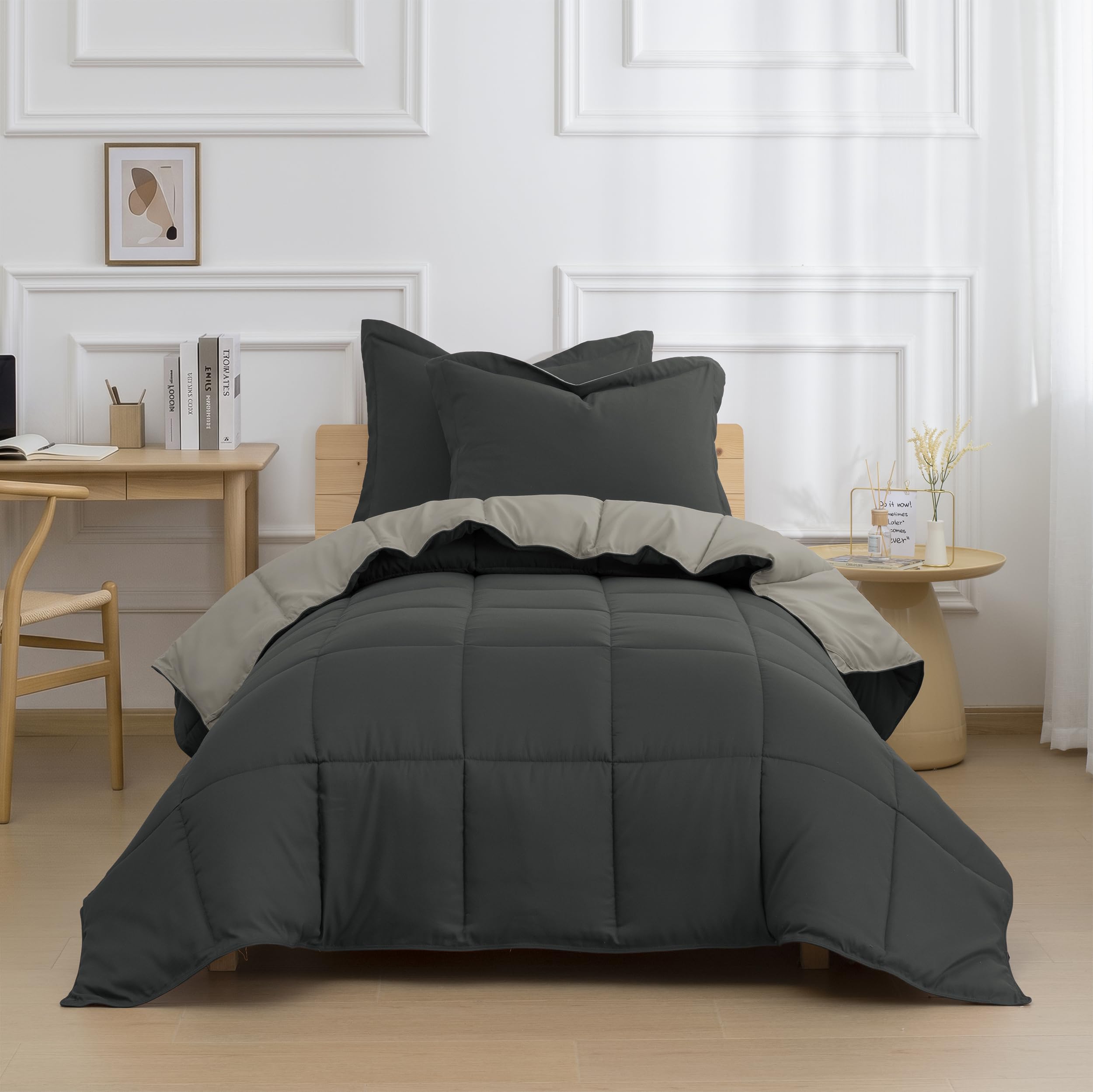 2pc Down Alternative Comforter Set -All Season Reversible Comforter with One Sham -Quilted Duvet Insert with Corner Tabs -Box Stitched ââ‚¬â€œHypoallergenic, Soft, Fluffy(Twin/Twin XL,Dark Gray/Light Gray)-image-43