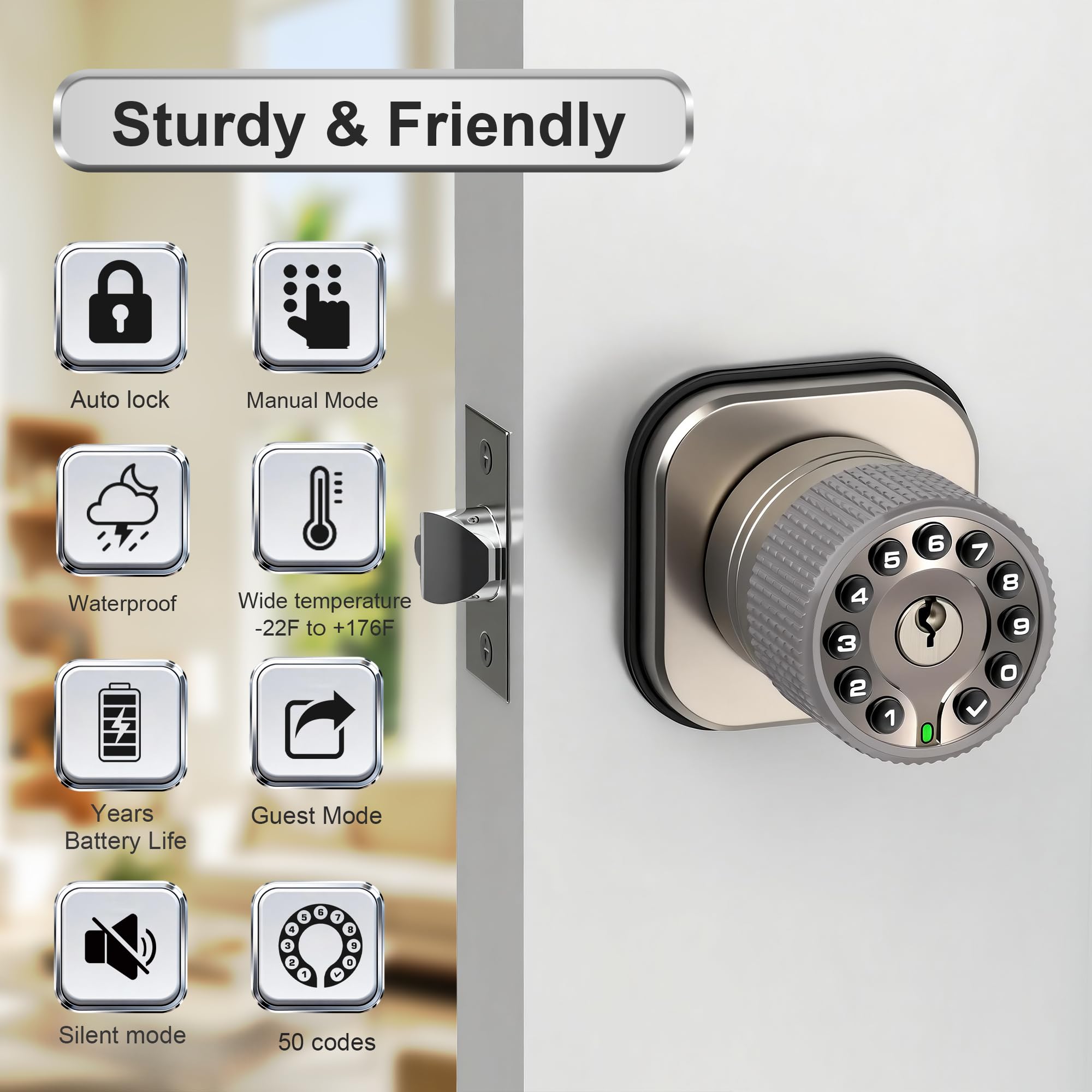 Serrure à bouton d'entrée sans clé avec clavier et clé, verrouillage automatique, étanche, facile à installer et à programmer, fonctionne avec 4 piles AAA pour chambre à coucher, portes