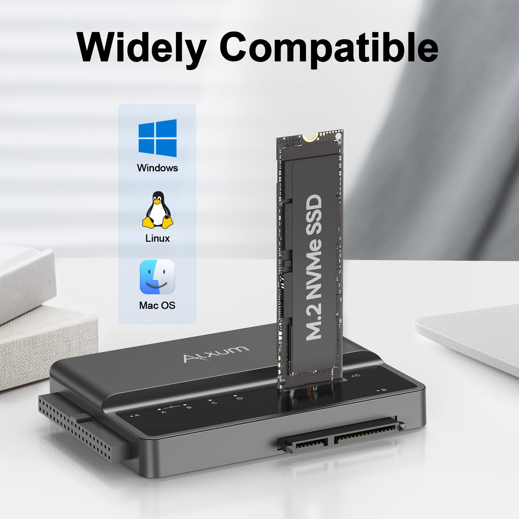 Adapter Alxum IDE SATA M.2, adapter dysku twardego USB 3.0 z przełącznikiem zasilania dla 2,5/3,5-calowych dysków twardych SATA HDD i SSD M Key, z zasilaczem 12V/2A i kablem USB C