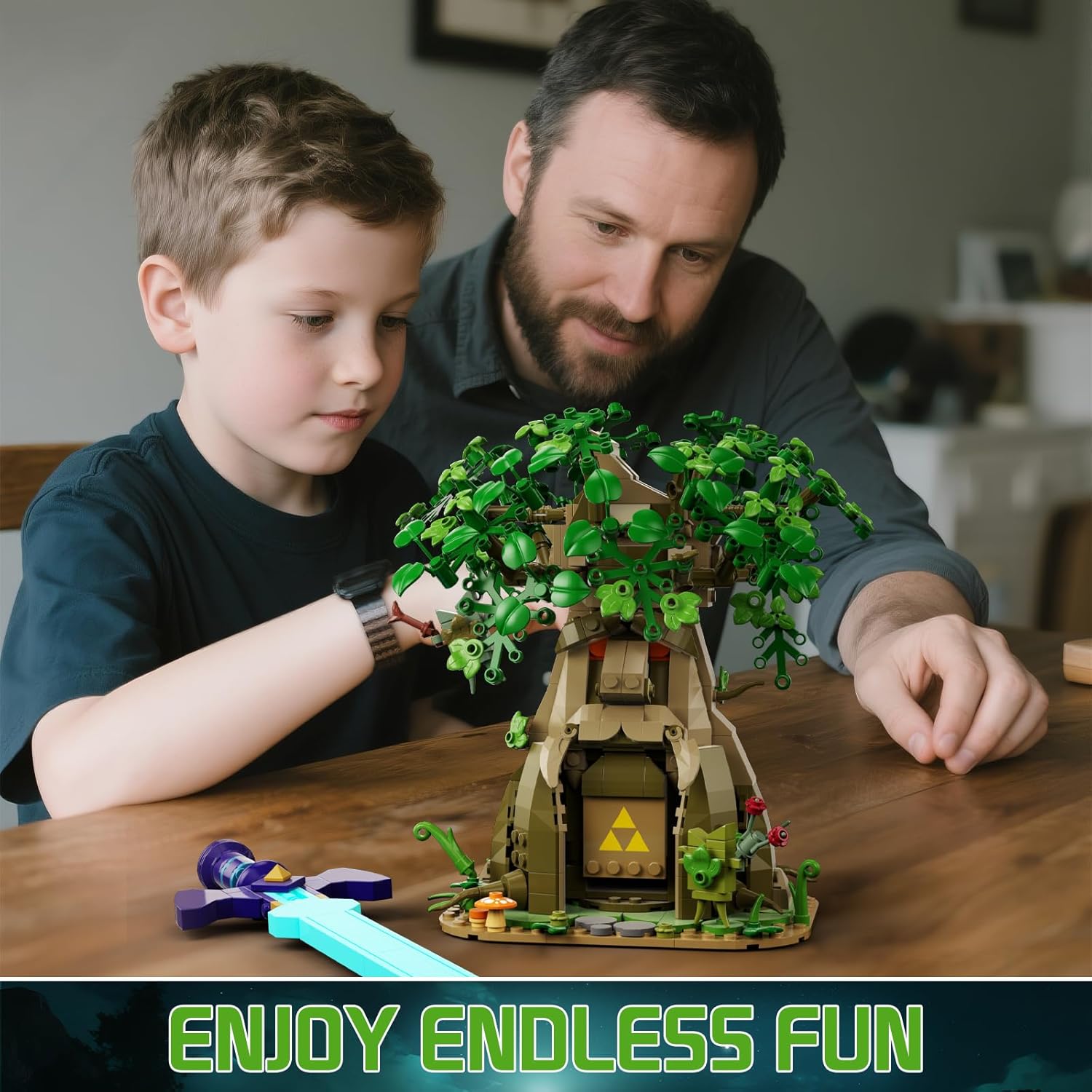 Tree & Sword Building Block Set for Boys, Compatible with Lego Set, Luminous Sword & Coin Toss Game, Magic Tree Game Action Figures Collectible Model Toys Gifts for Adult, Kids 8+