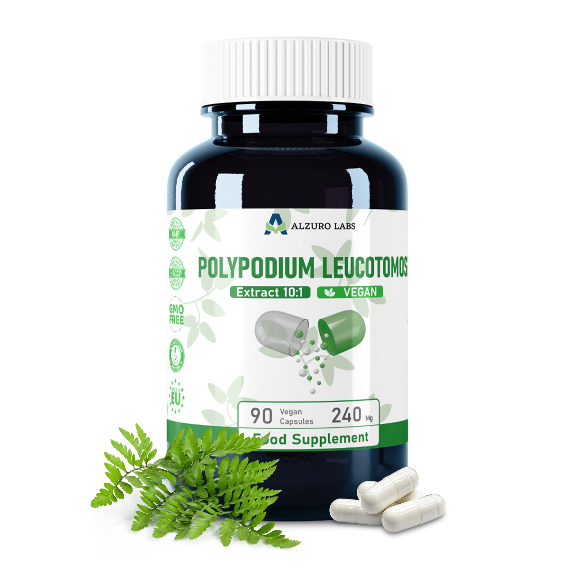 Polypodium leucotomos | 2 400 mg équivalent | Haute dose 240 mg d'extrait de fougère 10:1 | 90 gélules végétaliennes | GMP & Testé en Laboratoire Indépendant