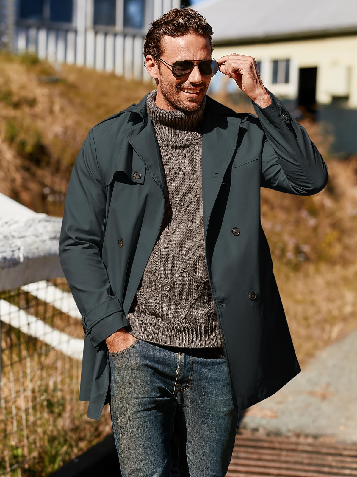 Pretifeel Trenchcoat für Herren, schmale Passform, zweireihig, lang, gekerbter Revers-Gürtel, winddichter Herbstmantel