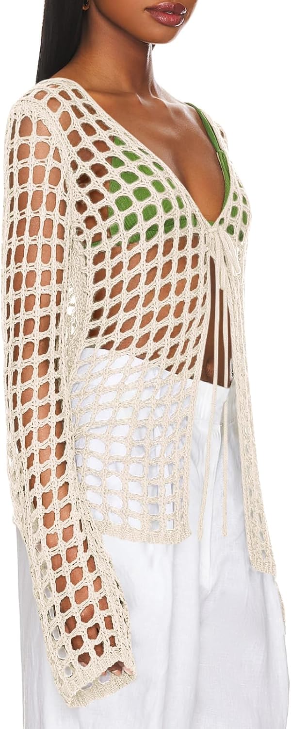 Saodimallsu Womens Long Sleeve Swimsuit Coverup Crochet Hollow Out Tie Front Swim Cover Up Knit Cardigan