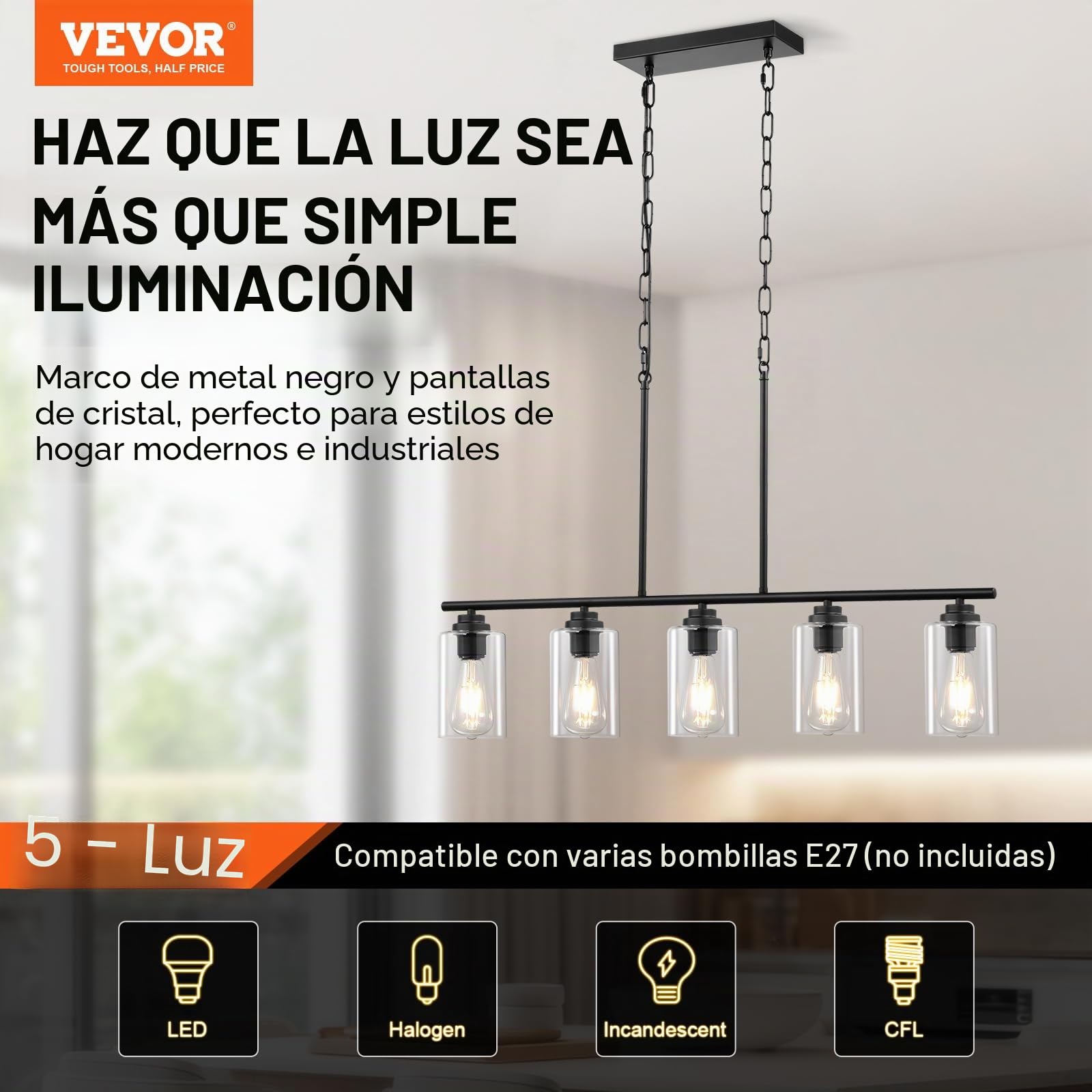 VEVOR Luces Colgantes de Isla de Cocina de 5 Luces, 60 W, Lámpara de Comedor Ajustable con Pantalla de Vidrio Transparente, 4 Varillas, 2 Cadenas de Metal, Luces con Marco de Metal para Comedor, E27