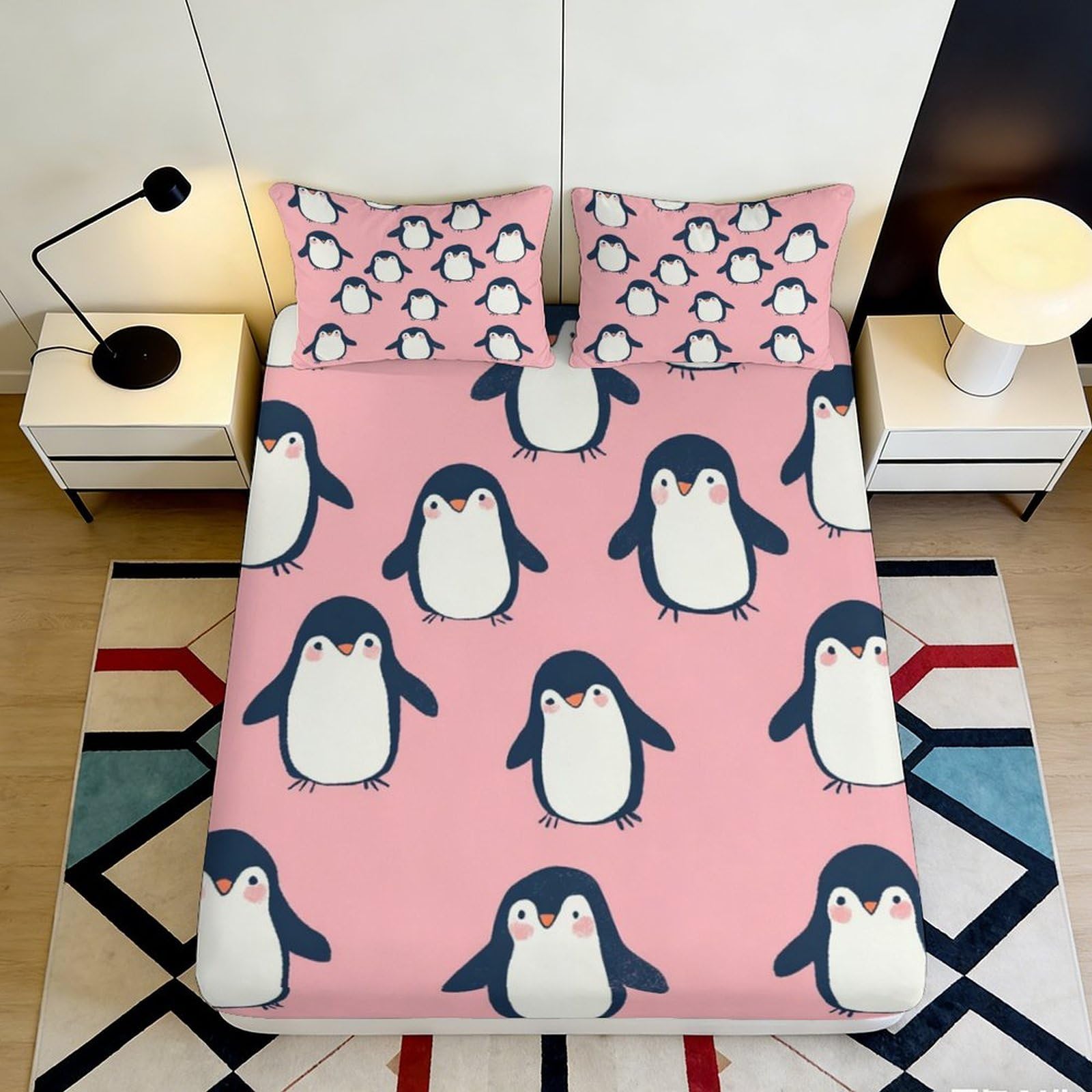 3D Printed Pink Penguin Fitted Sheet Microfiber Soft Breathable Cartoon Penguin Bed Sheet for Bedroom Dormitory Guest Room Mattress Protection Decor 120x200x25cm