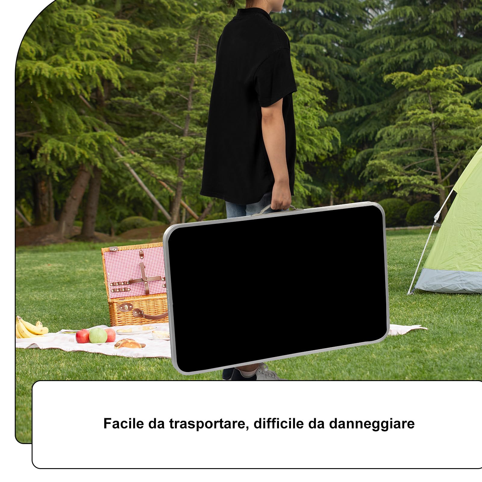 eSituro Tavolo Campeggio, Tavolino Pieghevole da Giardino, Tavolo da Balcone, con Maniglia in Gomma, Tavolo Picnic 80x50x70 cm, in Alluminio e MDF, Carico 20 kg, Nero