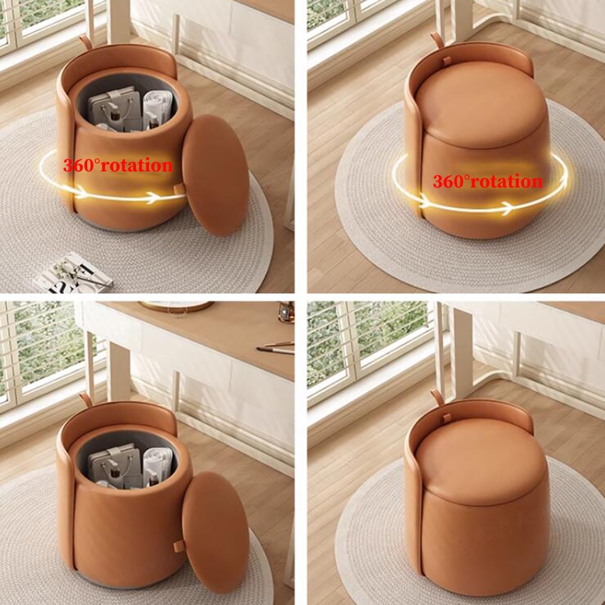 GIZNXBA rund Sitzhocker Mit Stauraum 360°-Drehung Leder Pouf Hocker Für Couch, Polsterhocker rund Fußstütze Mit Deckel