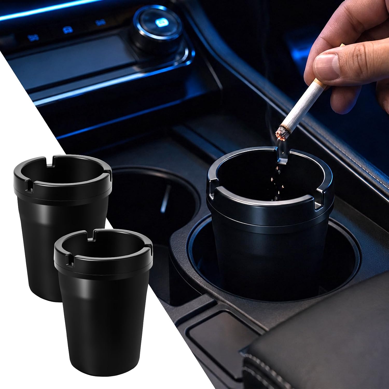 Mikako 2PCS Smokeless Car Ashtray with Lid, Smell Proof Ash Tray Cup Holder