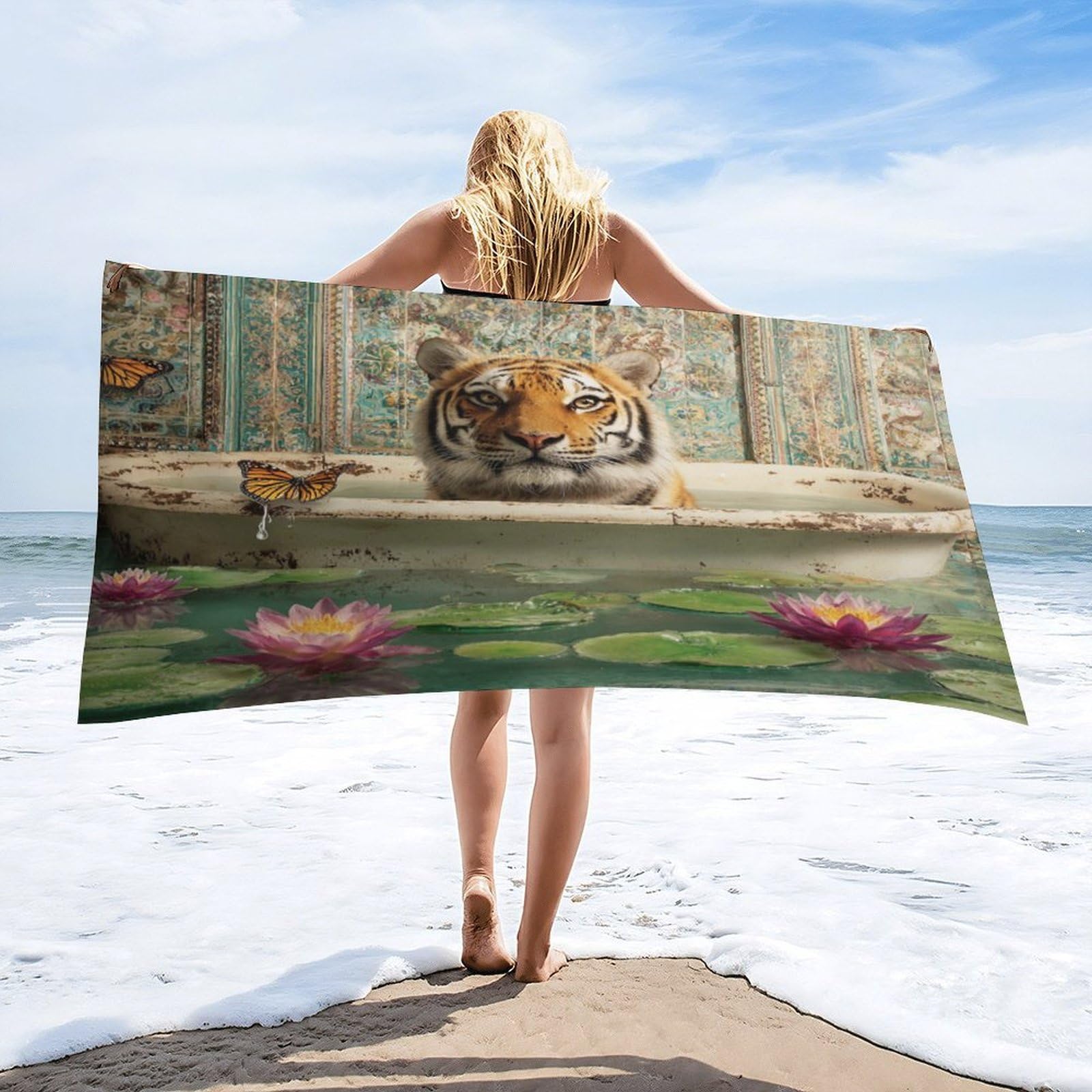Luyysky Classic Retro Elegant Tiger Quick-Drying Beach Towel, Rustic Vintage Bathroom Art Animal Butterflies Lotus Flowers Travel Vacation Single Sided Pile Bathroom Towels-80 W Cm X 160" L Cm
