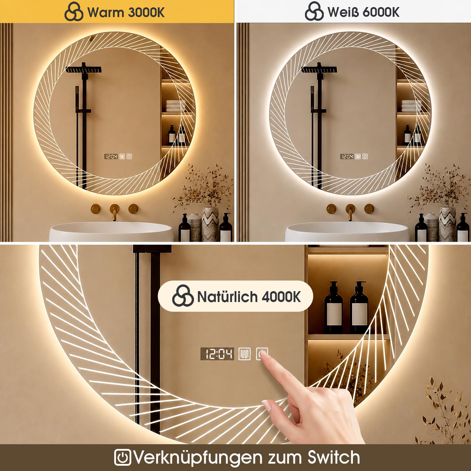 Badspiegel mit Beleuchtung, 80 cm Spiegel mit LED Licht | Zeit anzeigen Touch Schalter Temperaturanzeige und 3 Farben Dimmbar