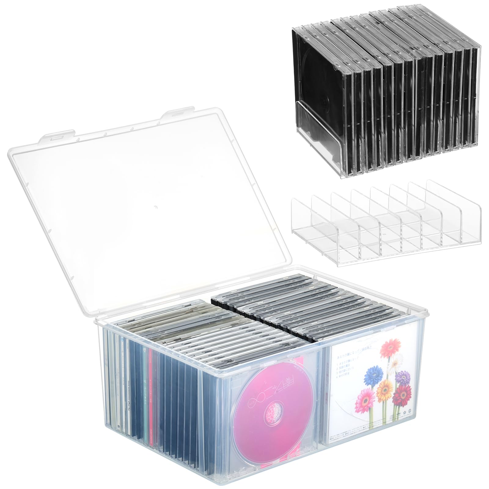 3 Pack Clear Plastic CD Organizer Include 1 CD Storage Box and 2 7-Compartment CD Storage Organizer Holder Stackable CD Display Rack Holds up to 14