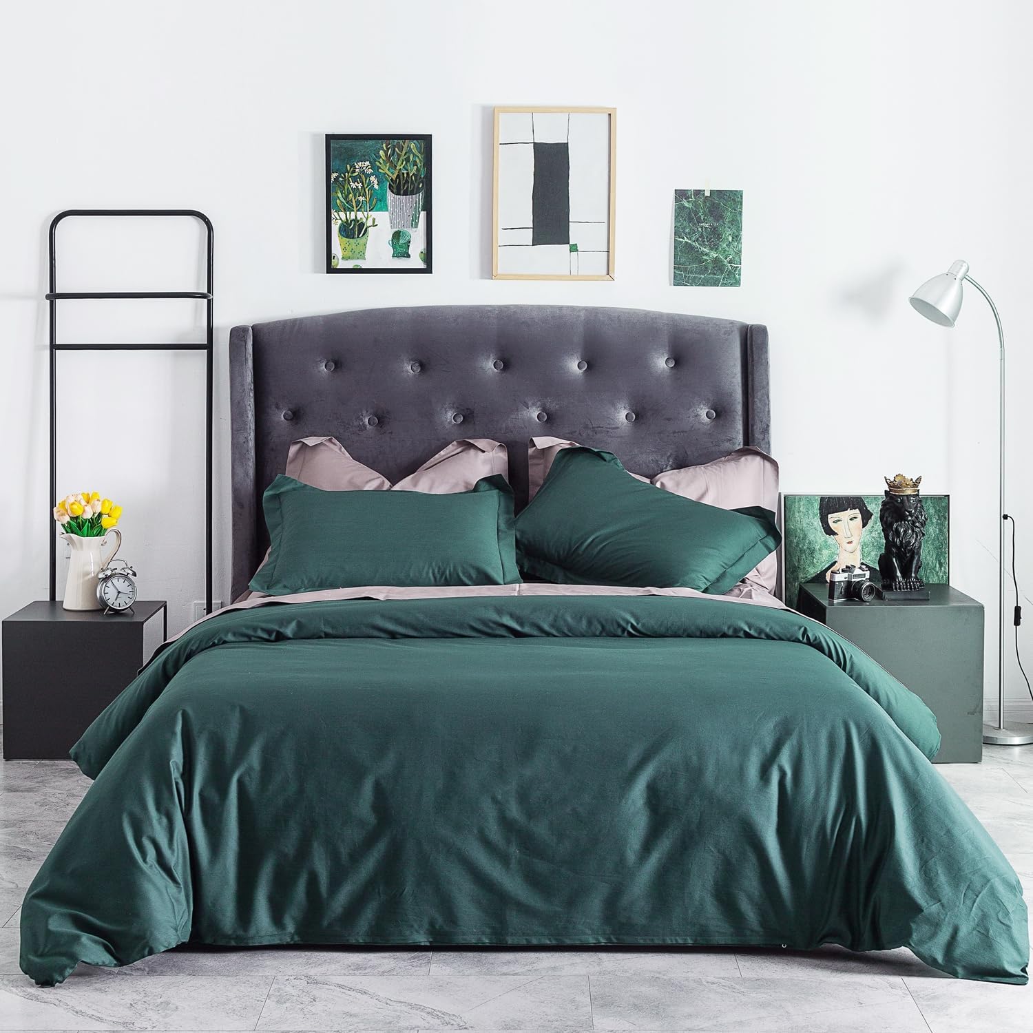 SUSYBAO Forest Green Duvet Cover Twin Size 100% Cotton 2 Pcs Set 1 Hotel Collection Single Duvet Cover with Zipper Ties 1 Pillow Sham Solid Color Dark Green Bedding Set Soft