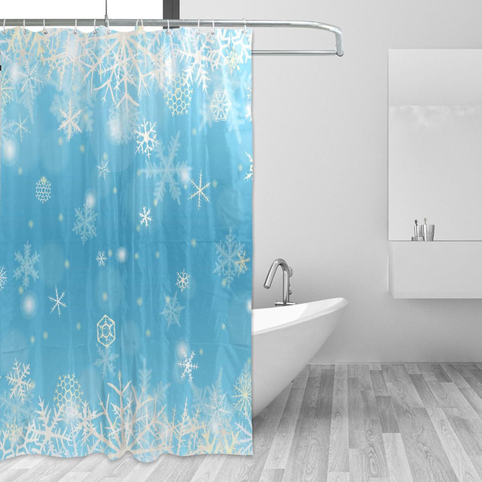 pnyoin Shower Curtain Liner Waterproof Fabric Snowflakes on Blue Background Shower Curtain with Thickened C-Shaped Curtain Hook Machine Washable for Bathroom Hotel Spa 72