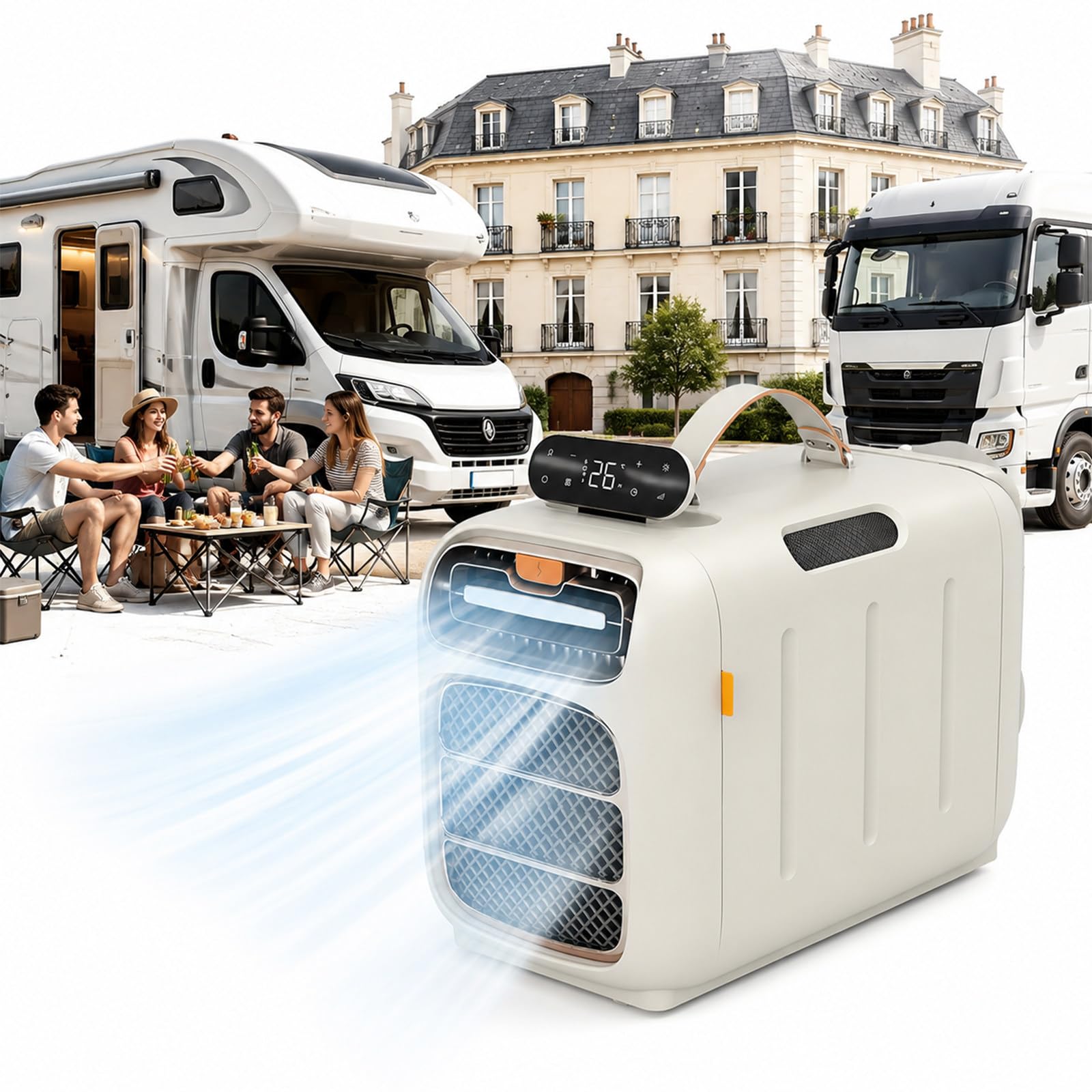 SHUMIAO Portable Camping Air Conditioner, 1500W Eco-Friendly 5200 BTU Cooling and Heating Monobloc with Bluetooth Soundbar, Low Noise Sleeping Mode, Compact Design for Outdoor