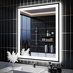 ISKM Framed LED Mirror for Bathroom 36"x28", Dimmable LED Bathroom Mirror with Lights, Anti-Fog, Front and Backlit Lighted Mirror 3-Colors, Shatterproof, Memory Function