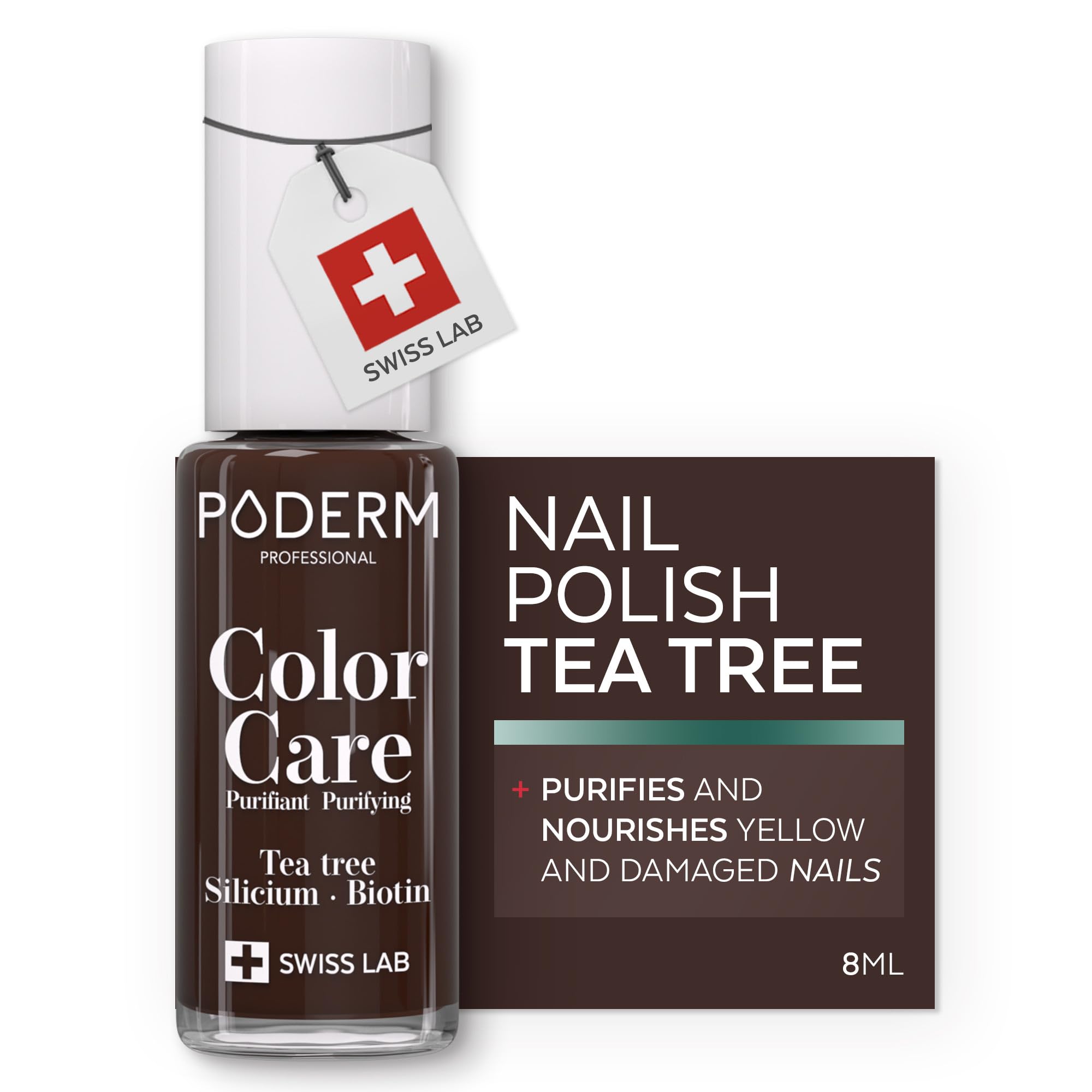 PODERM Nail Care Polish with Tea Tree - Brown | Swiss Lab - 8ML | Enriched with Tea Tree, Silicon & Biotin | Purifies, Clarifies & Nourishes Yellow Nails | Created by a Podiatrist