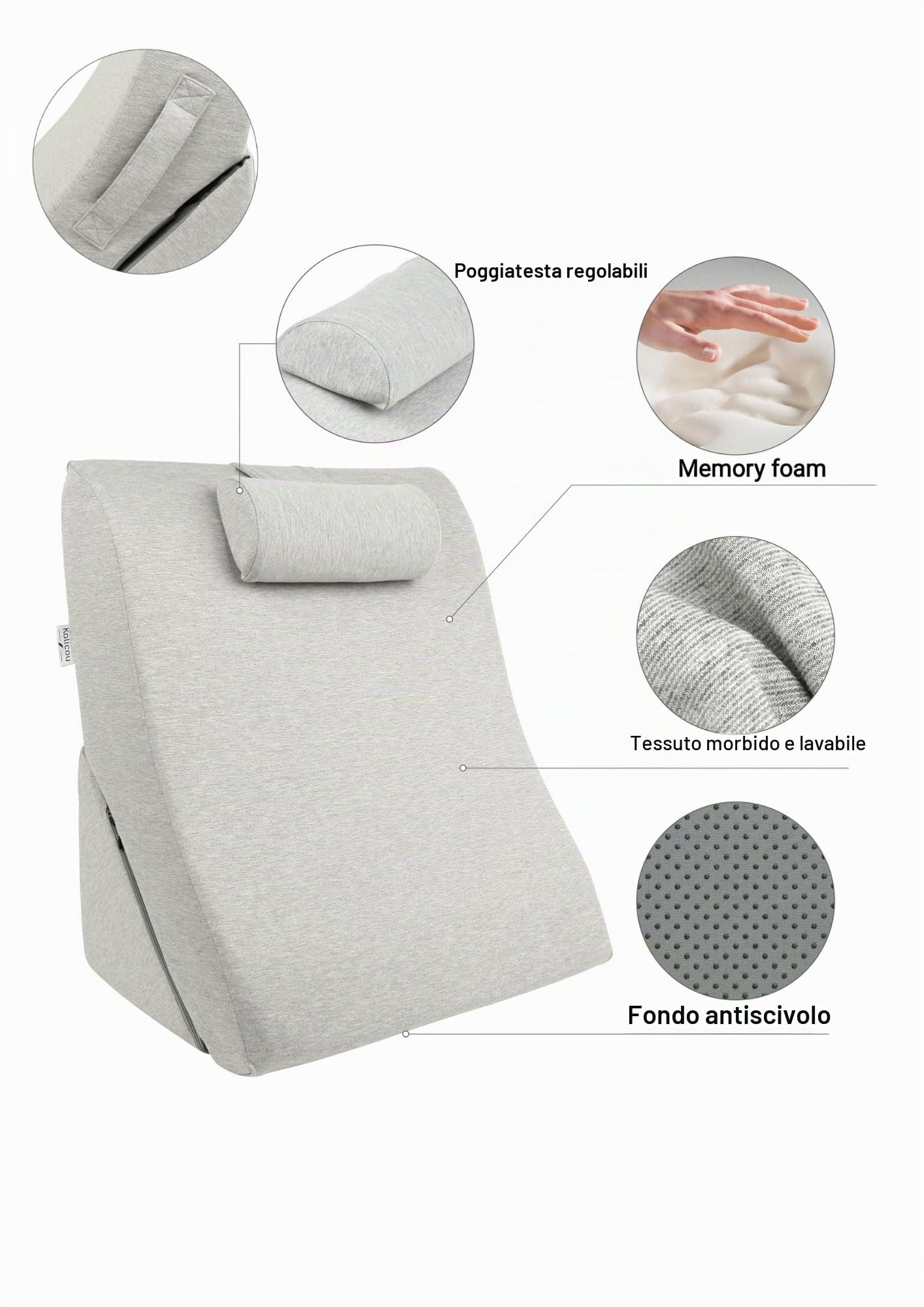 Cuscino da Lettura - Cuscino per Schiena, Poggiatesta Regolabile, Mousse Memory Foam, Fodera Rimovibile Traspirante e Antiscivolo, Maniglia - Triangolare per Schiena, Collo e Gambe