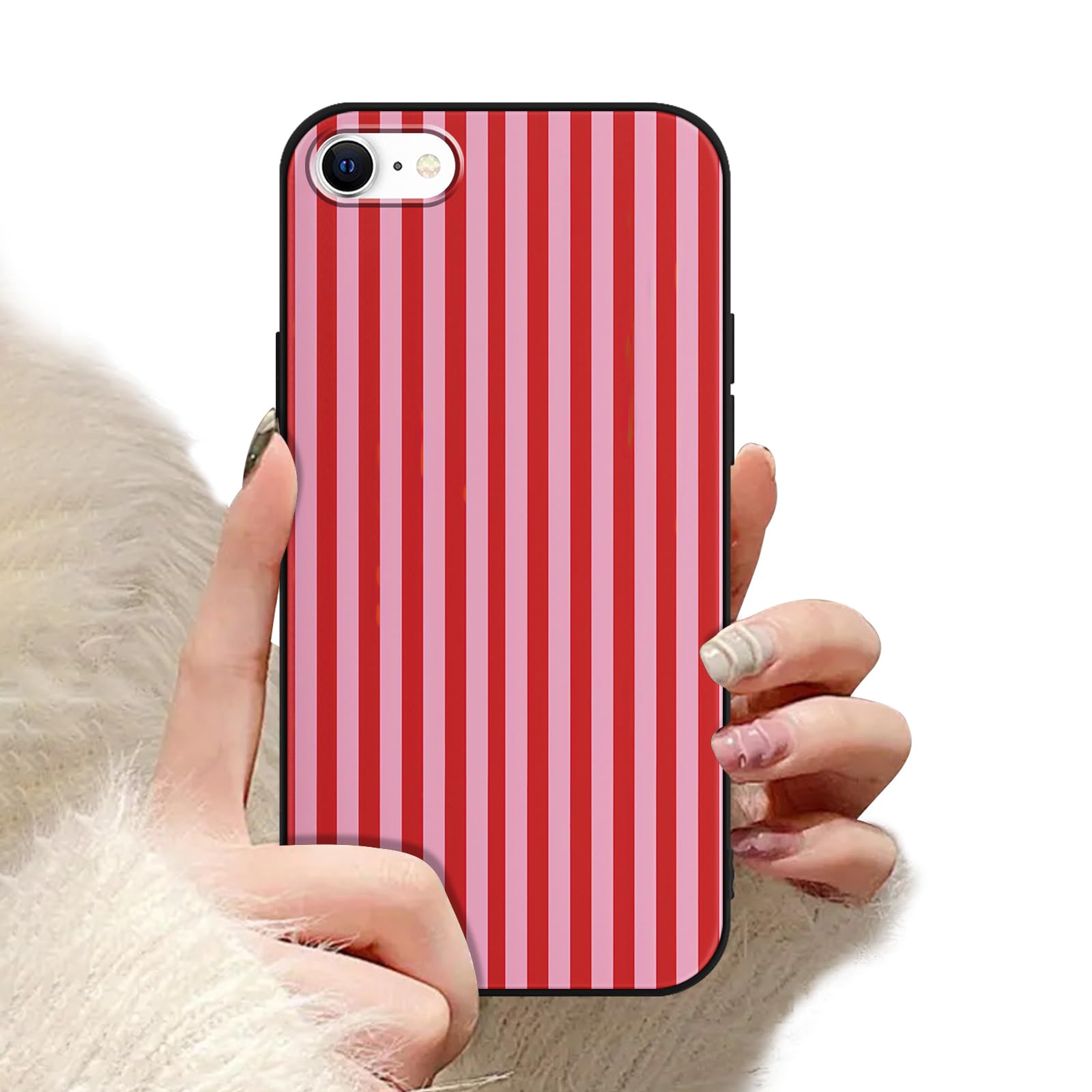 Striped Phone Case for iPhone SE 2022/SE 2020/8/7 4.7",Cute Red Pink Stripes Geometric Line Aesthetic Stylish Design Cases for Girls Women,Black Soft Shockproof Protective Cover SE 2022/2020