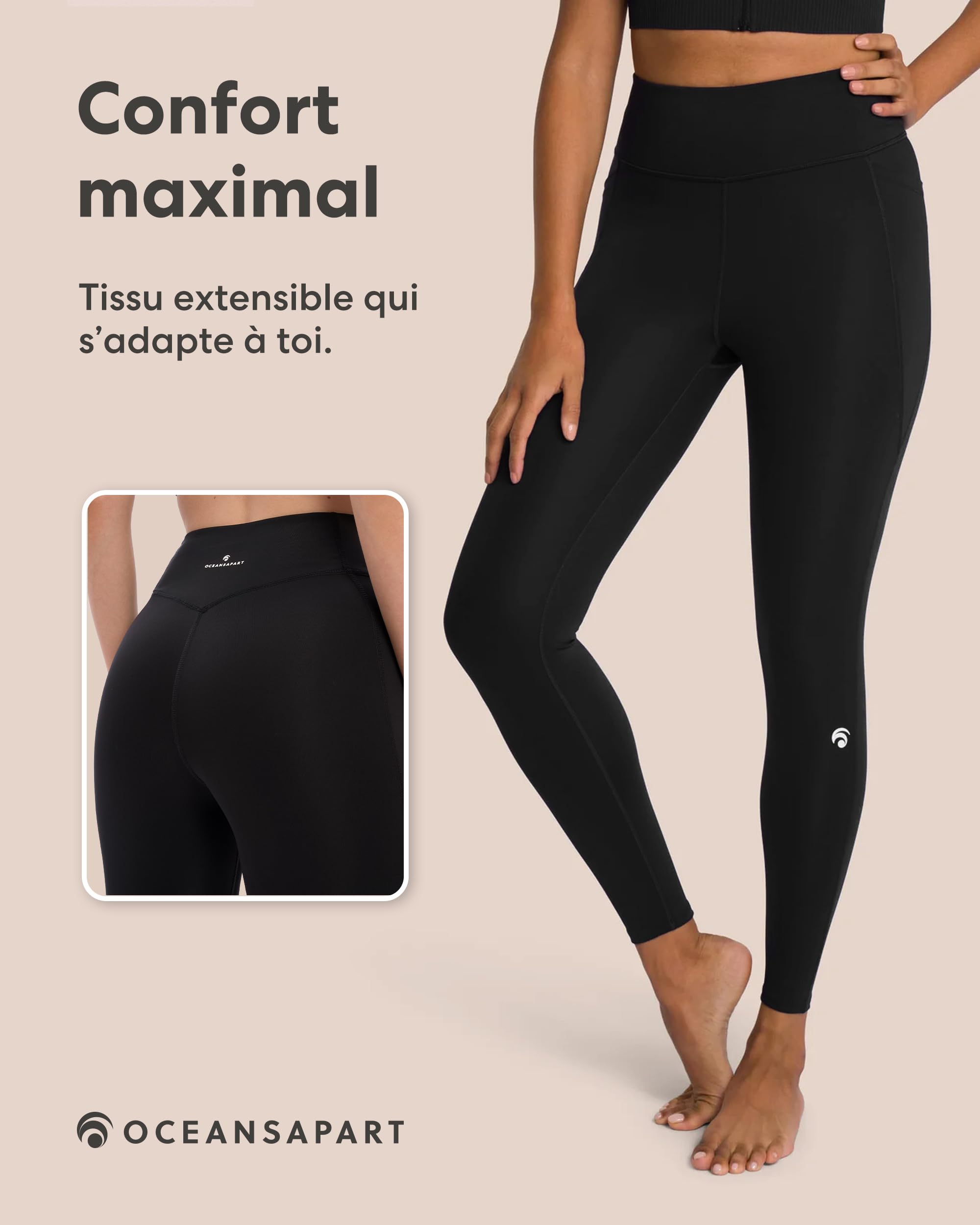 Oceansapart Soho Legging de Sport Femme avec Poches Latérales Taille Haute pour Running, Yoga et Salle - Legging Sport Femme Respirant en Tissu Technique Gainant Taille XS-XXL