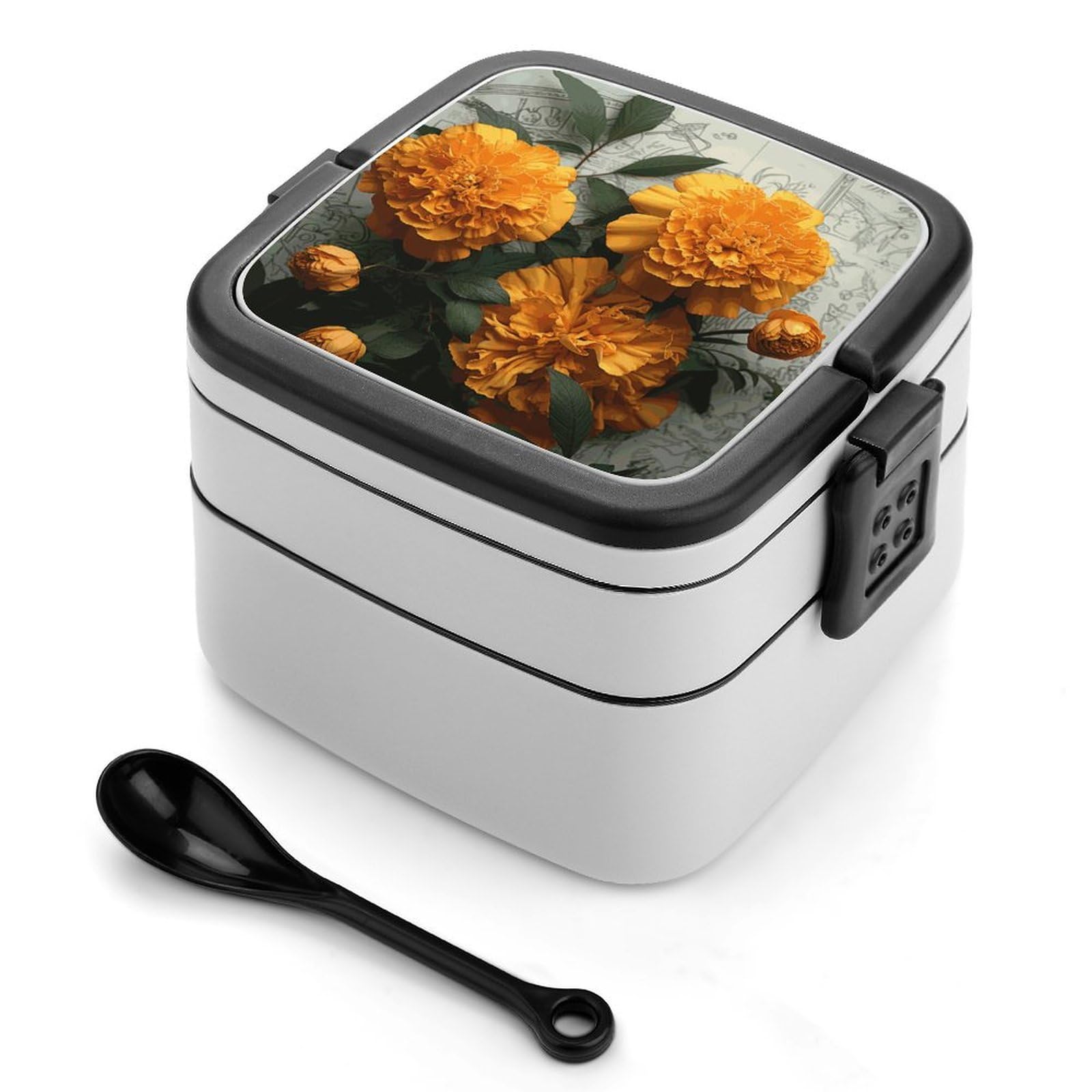 FekiLoot Marigold Bento Box Adult Lunch Box Sealed Bento Lunch Boxes with Spoon Sturdy Double Layer Bento Boxes Snap-on Design Leak Proof Lunch Containers Ideal for Work