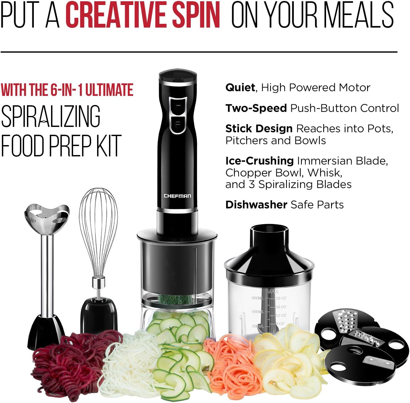 Chefman Electric Spiralizer & Immersion Blender/Vegetable Slicer 6-in-1 Food Prep Combo Kit, Includes 3 Spiralizing Blade Attachments, Zoodle Maker; Grate, Ribbon, Spiral, Blend, Chop, and Puree