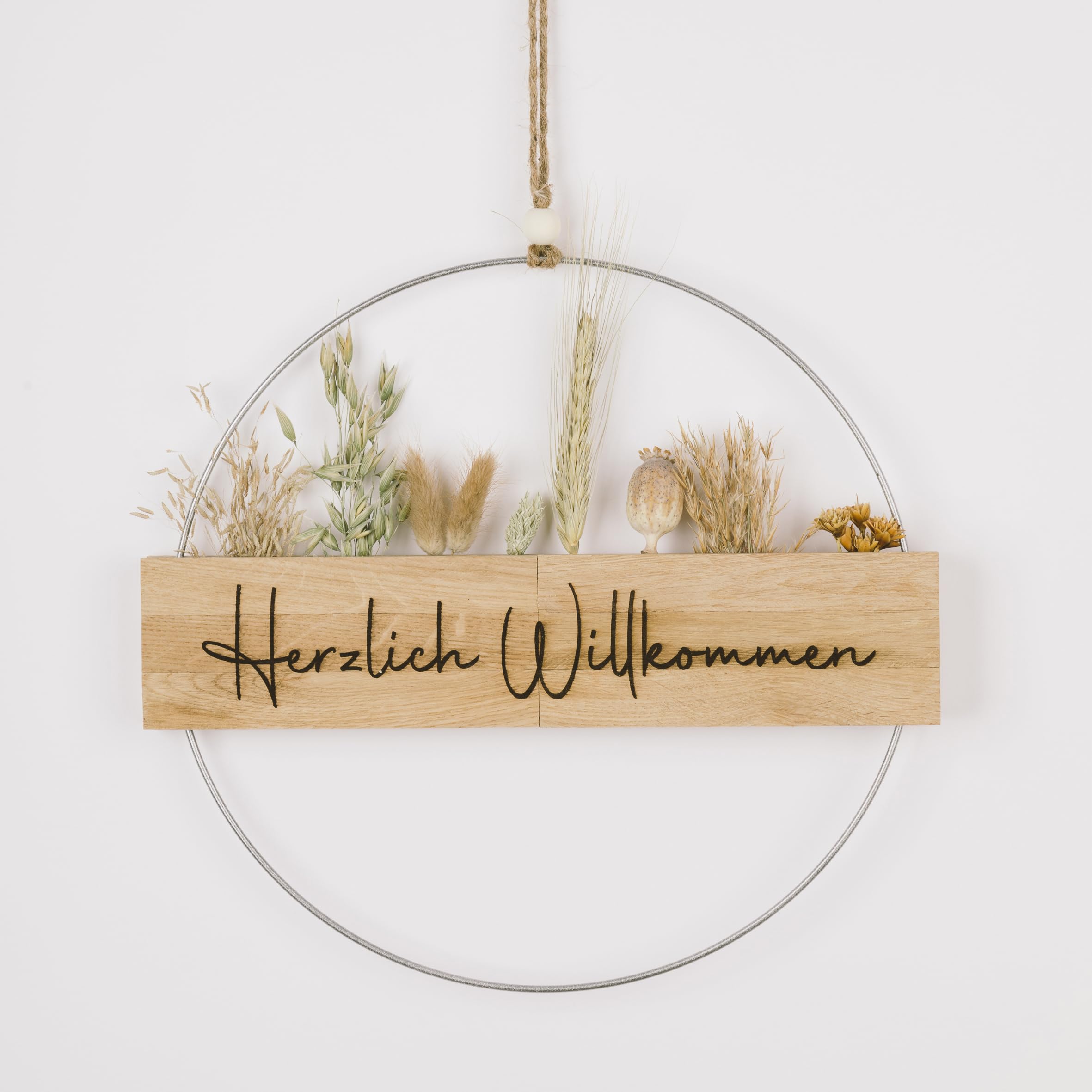 Türkranz Haustür Trockenblumen I Dekokranz ganzjährig I Willkommenskranz mit Herzlich Willkommen graviert I Türdekoration außen & innen I personalisierbar (Trockenblumen Naturtöne, Metallring 30cm)