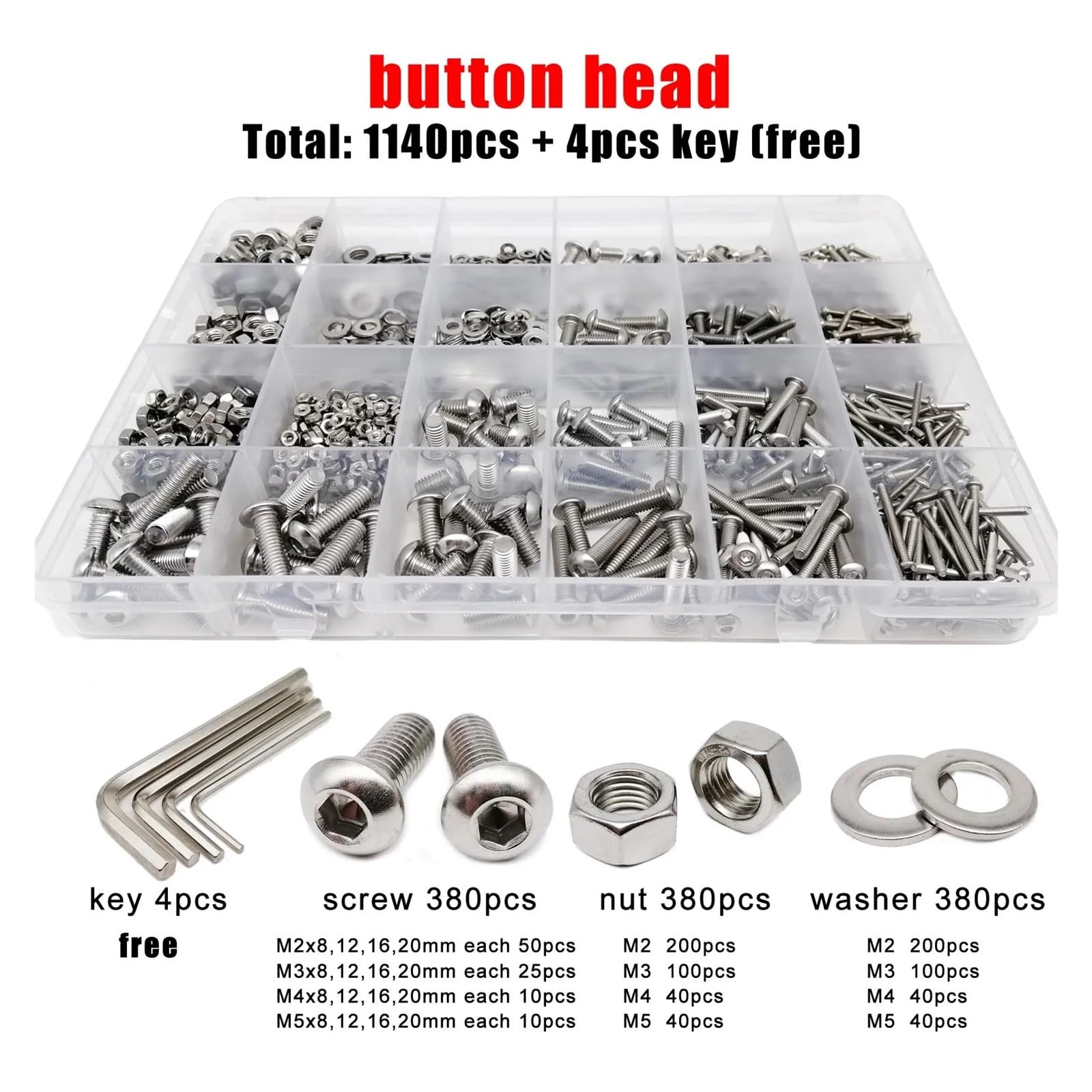 GamirA 1140 pièces M2 M3 M4 M5 304 Acier Inoxydable Allen hexagone Douille hexagonale Bouton tête Plate vis Boulon écrou rondelle Ensemble Assortiment Kit (Color : Button Head)