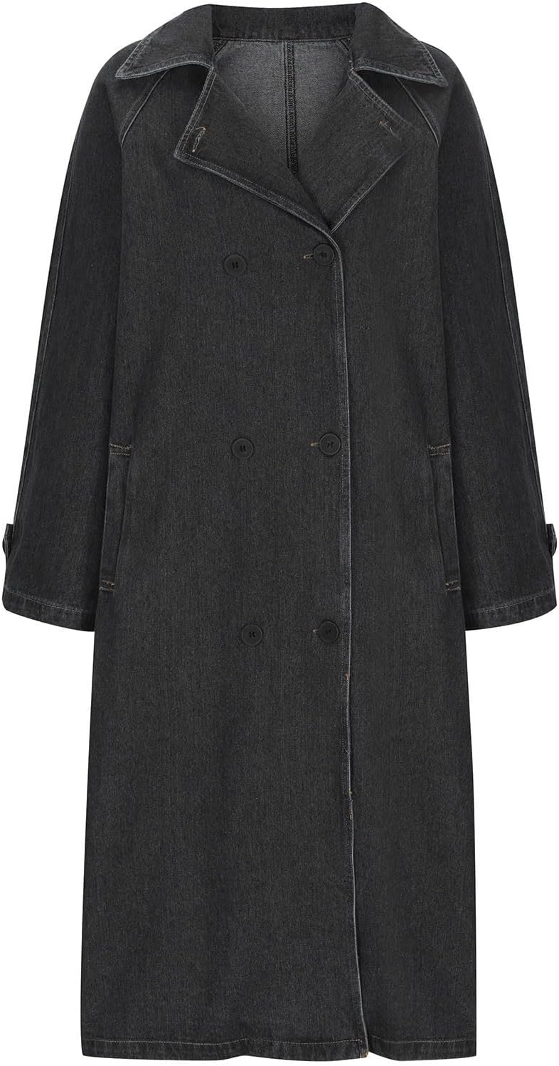 Women's Casual Double Breasted Long Denim Trench Coat Long Sleeve Notched Collar Jean Jackets Trenchcoat with Belt