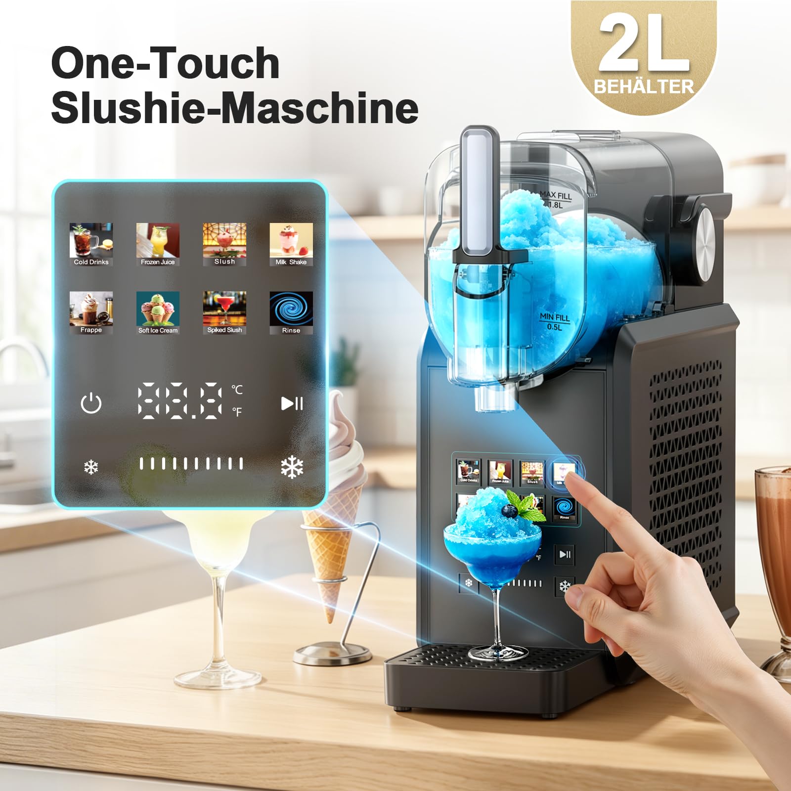Slushie-Maschine, 2L Slush Eismaschine für Zuhause, Slush Ice Maker mit 8 Modi, kein Eis & kein Mixen, One-Touch Start & Selbstreinigend, Slushmaschine für Frappé, Milchshakes, Gefrorene Cocktails