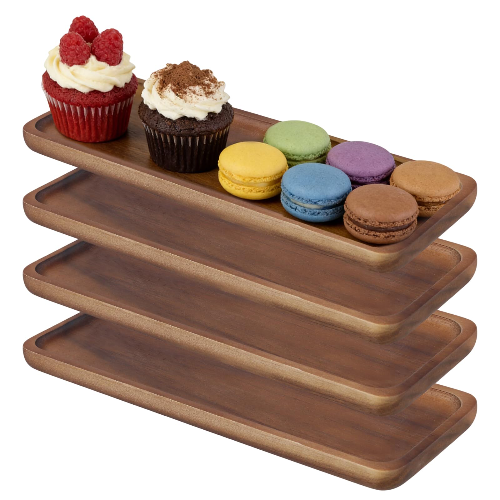 ZEONHAK 4 Pcs Wood Rectangle Tray, Small Wooden Serving Tray for Food Beverages Tea, 29 x 10.5 x 1.5cm