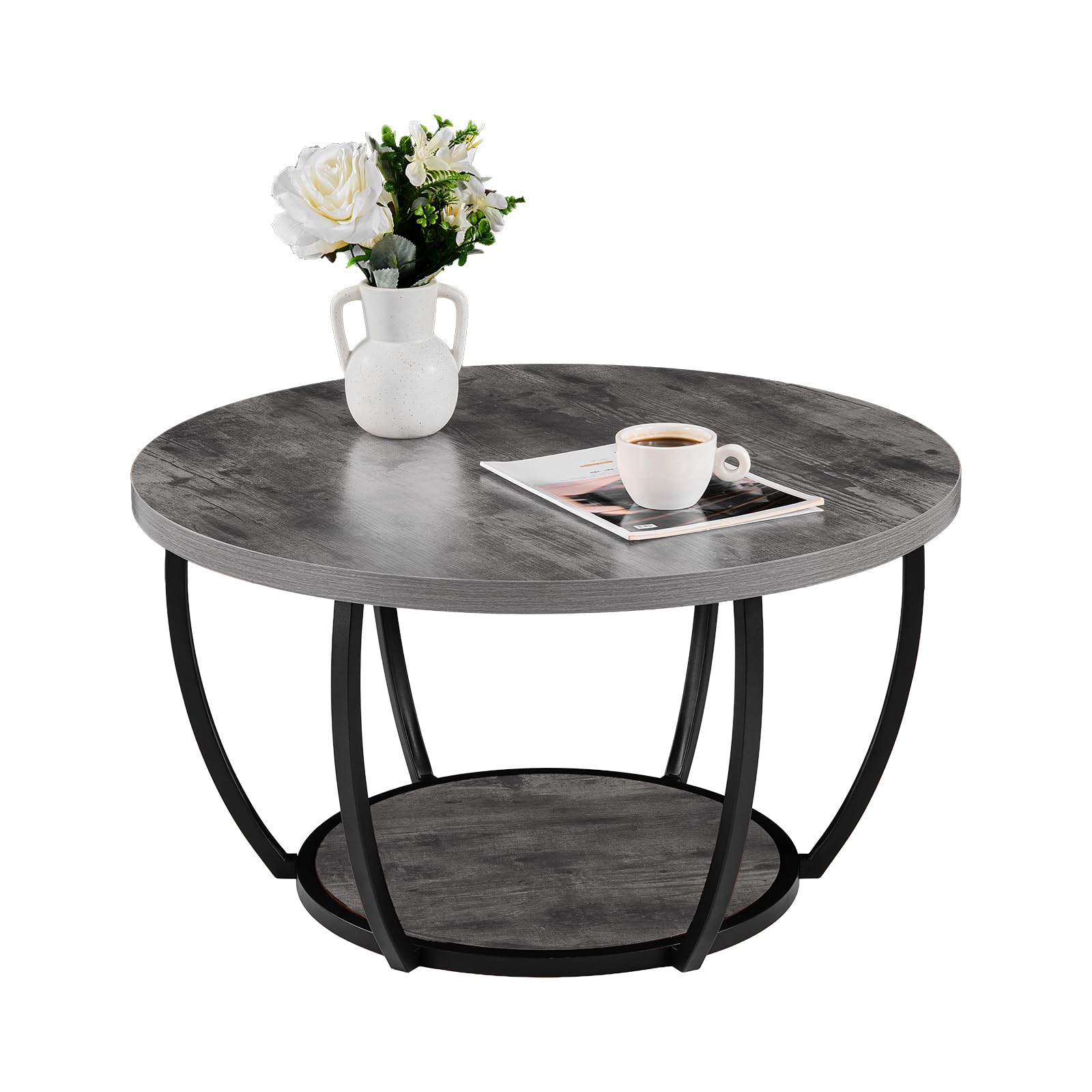 VEVOR Coffee Table, 31.5" Modern Round Coffee Table, 2 Tiers Wooden Circle Center Desk with Open Storage, Minimalist Sturdy Metal Frame Accent End Desk for Living Room, Office, Easy Assembly, Grey